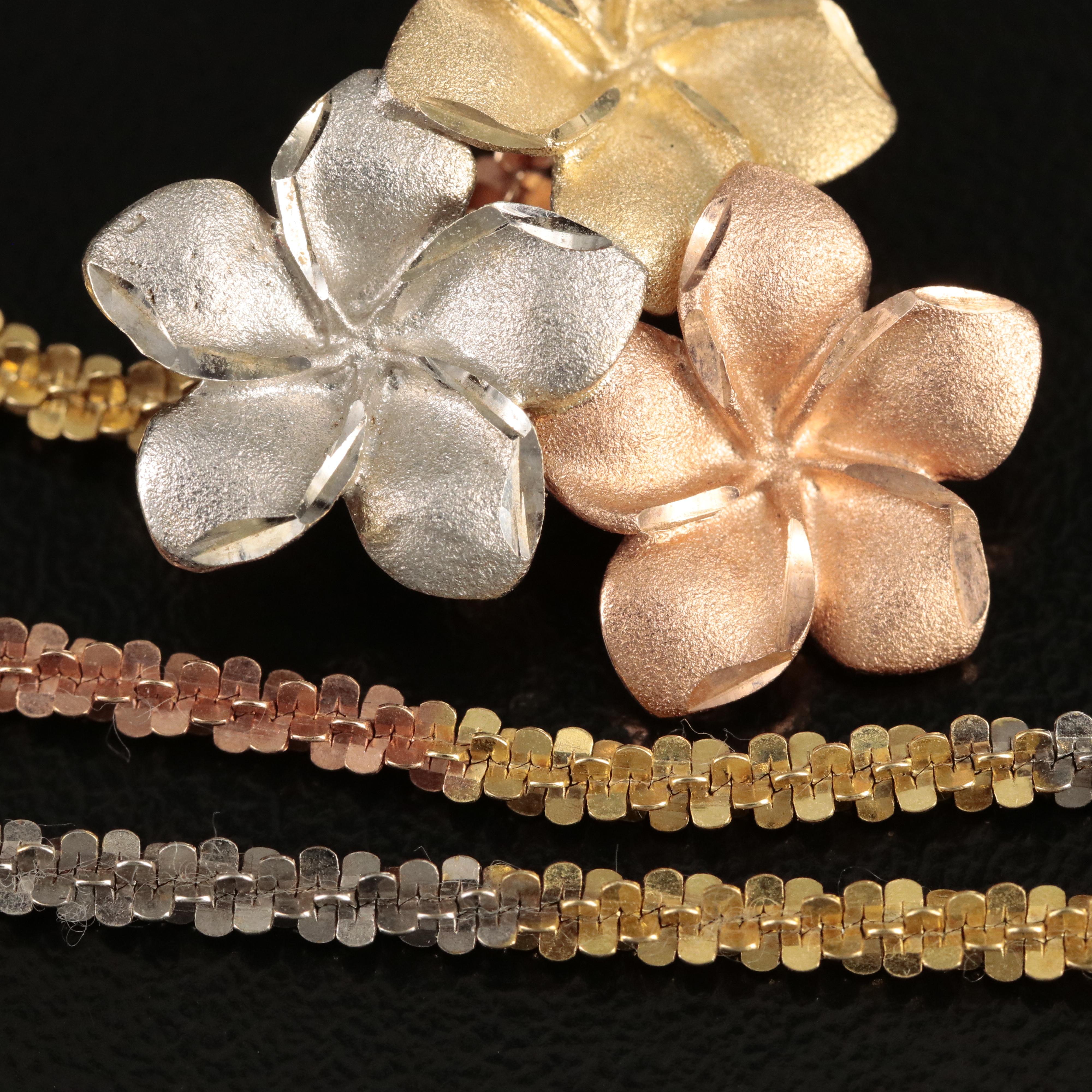 14K Tri-Color Gold Plumeria Flower Slide Pendant Necklace