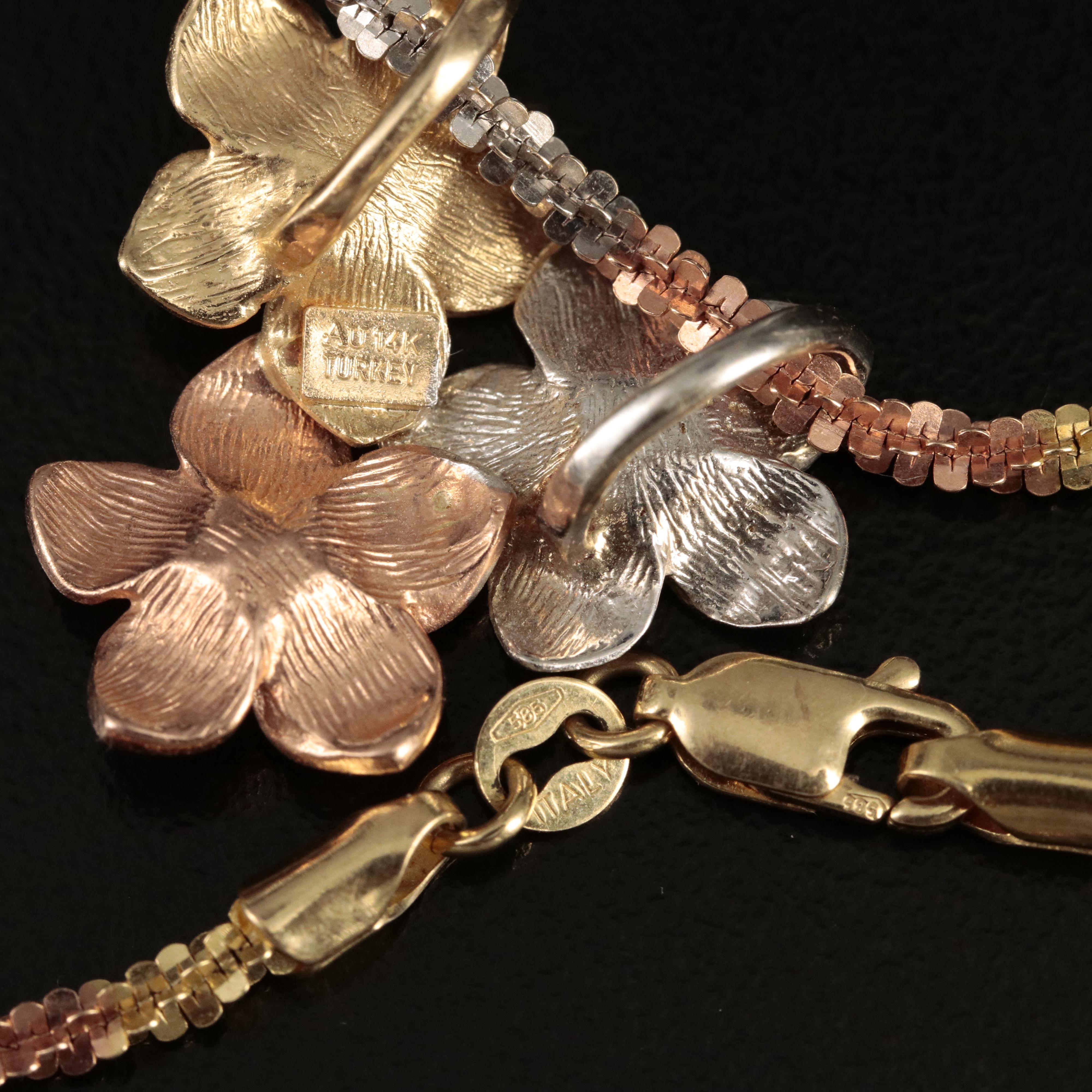 14K Tri-Color Gold Plumeria Flower Slide Pendant Necklace