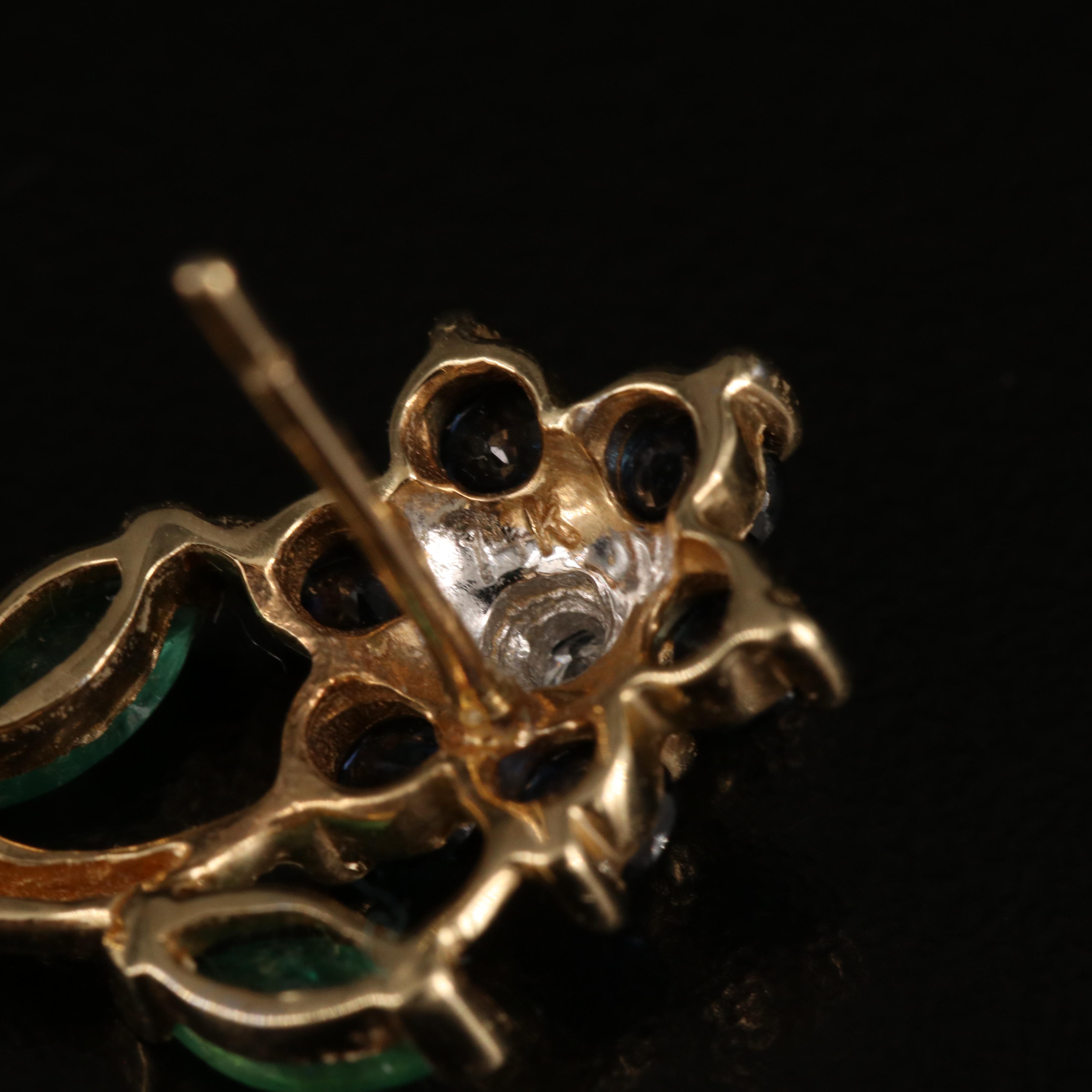 14K Diamond, Sapphire and Emerald Flower Earrings