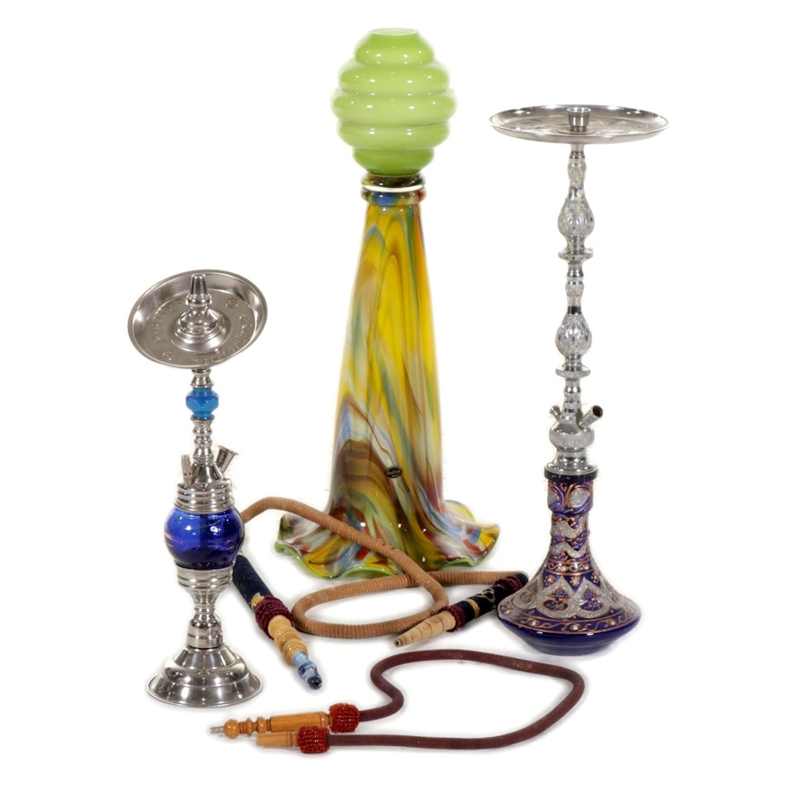 Jozefina Blown Glass Floor Vase with Two Metal and Glass Hookahs