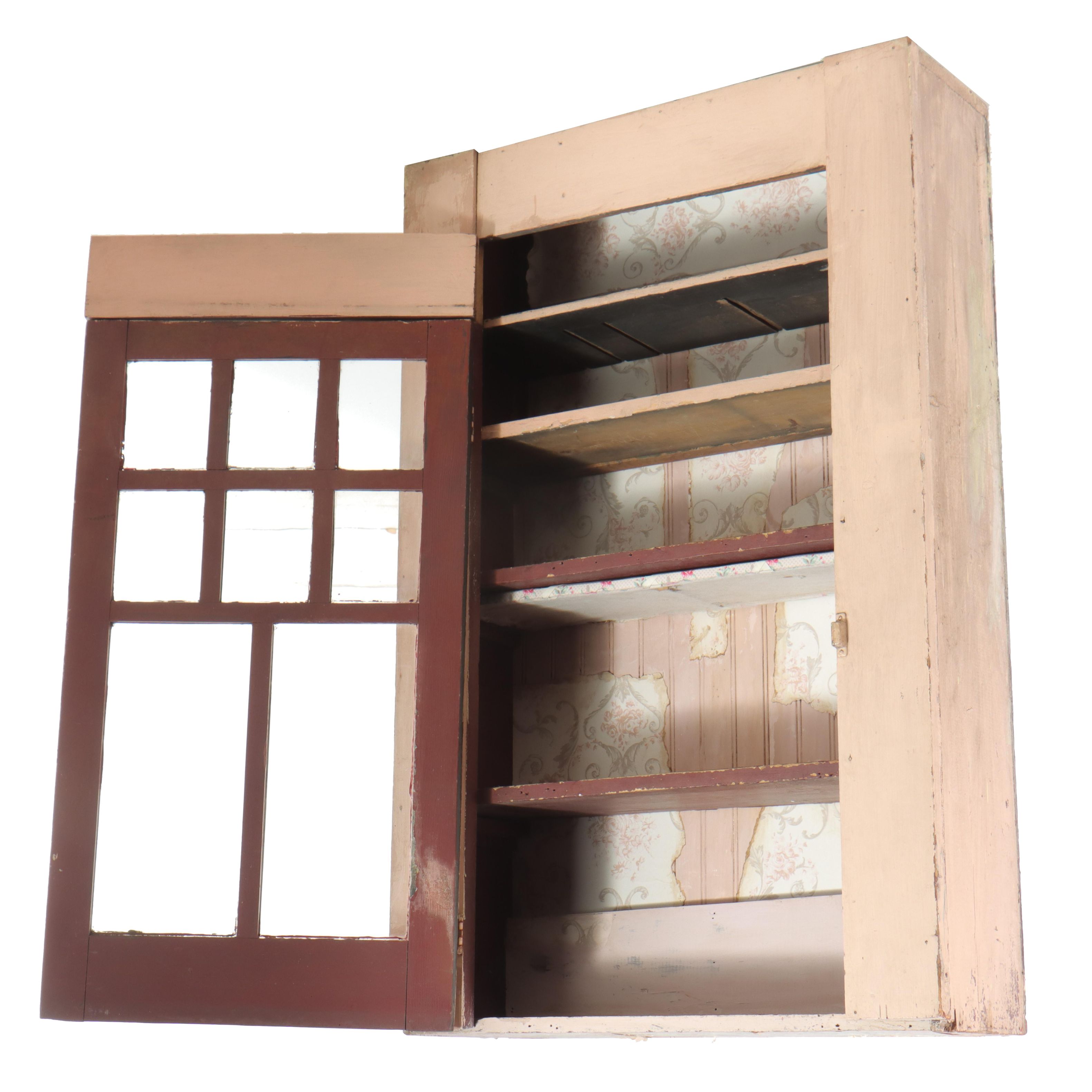 Painted Wooden Wall Cabinet with Mullioned Door, Early 20th Century