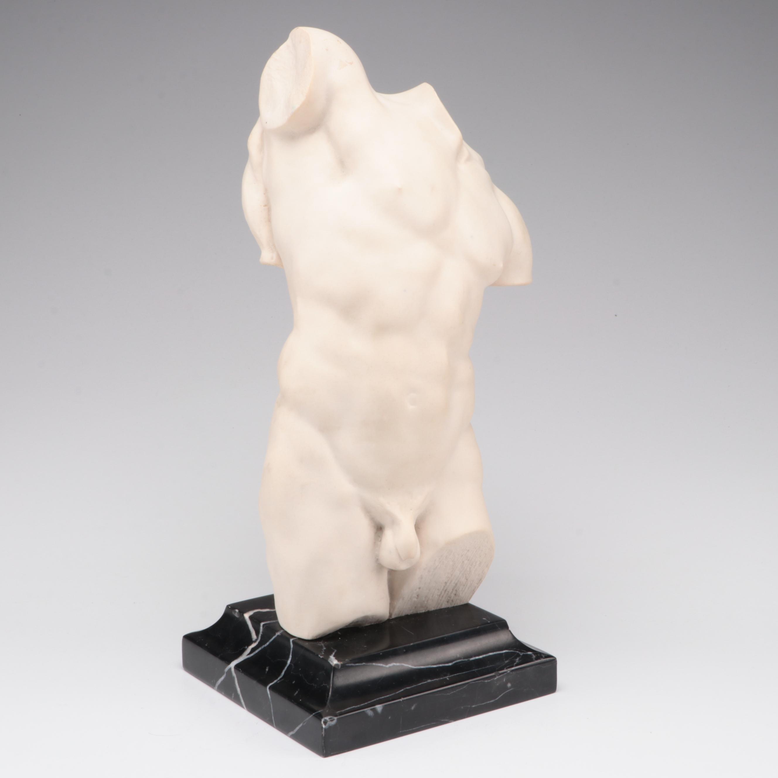Sculptured Arts Dilettanti Cast Stone Torso on Marble After Aime-Jules Dalou