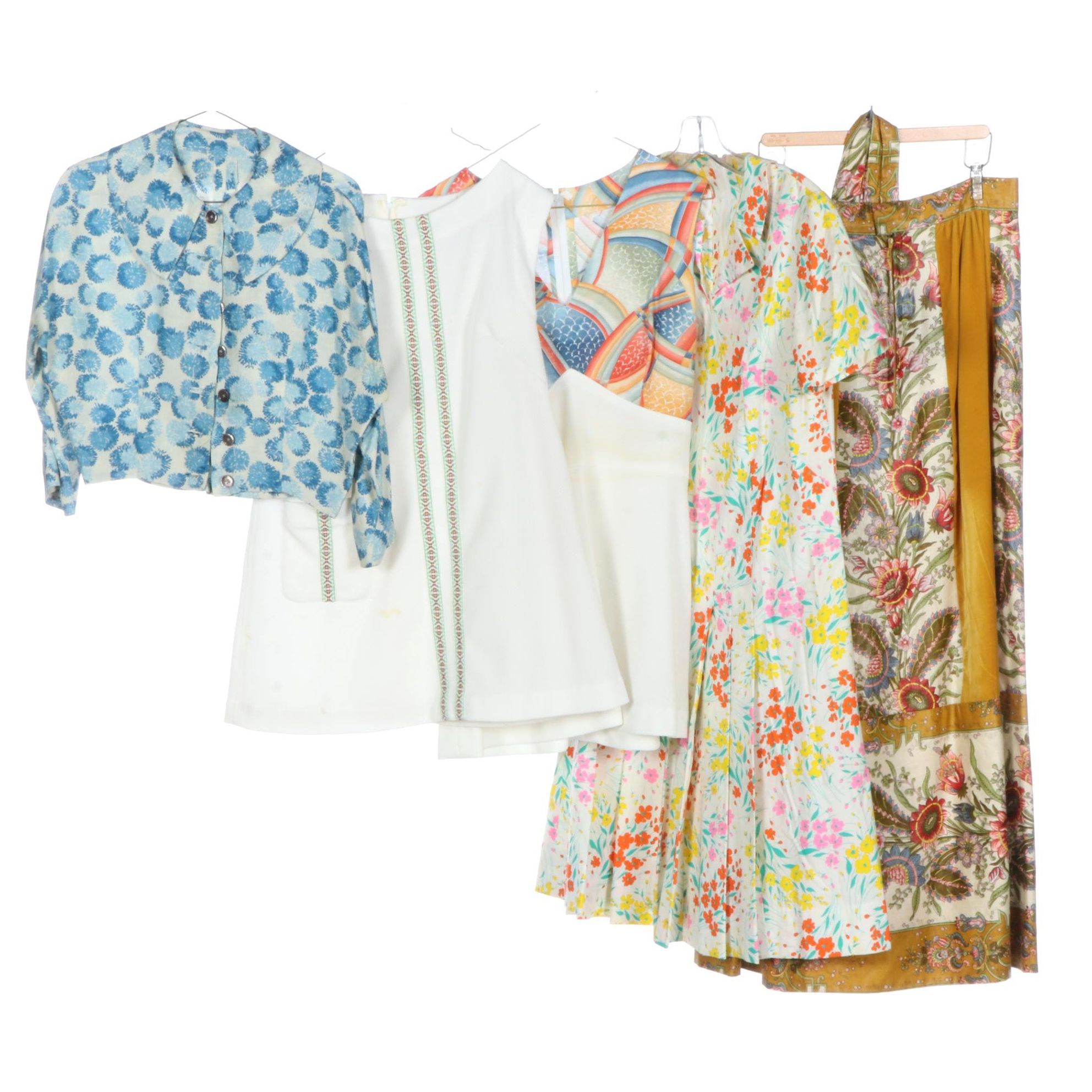 Patterned Vintage Dresses, Skirt, and Crop Top, 1960s