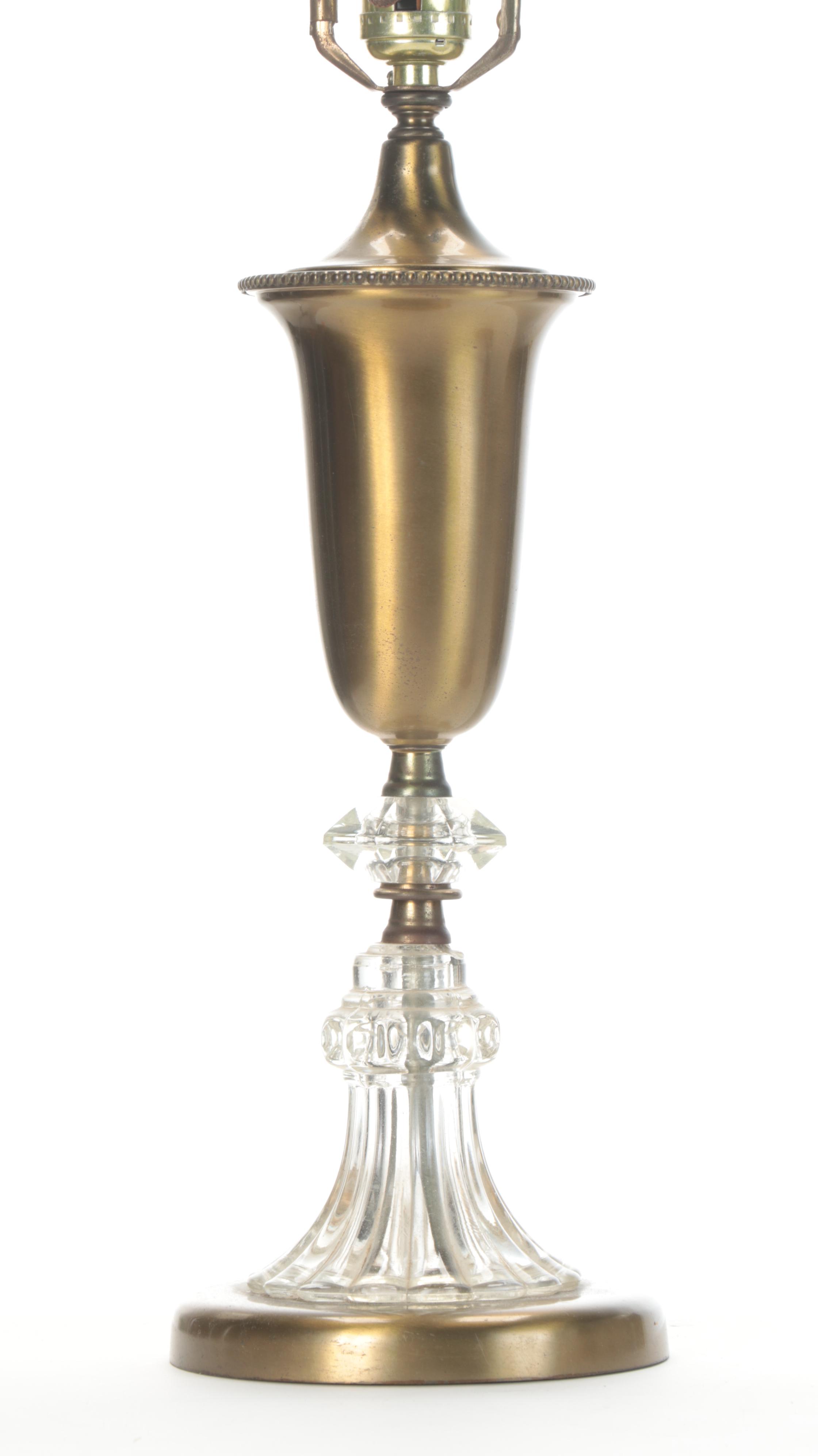 Pair of Brushed Brass and Pressed Glass Table Lamps, Late 20th Century