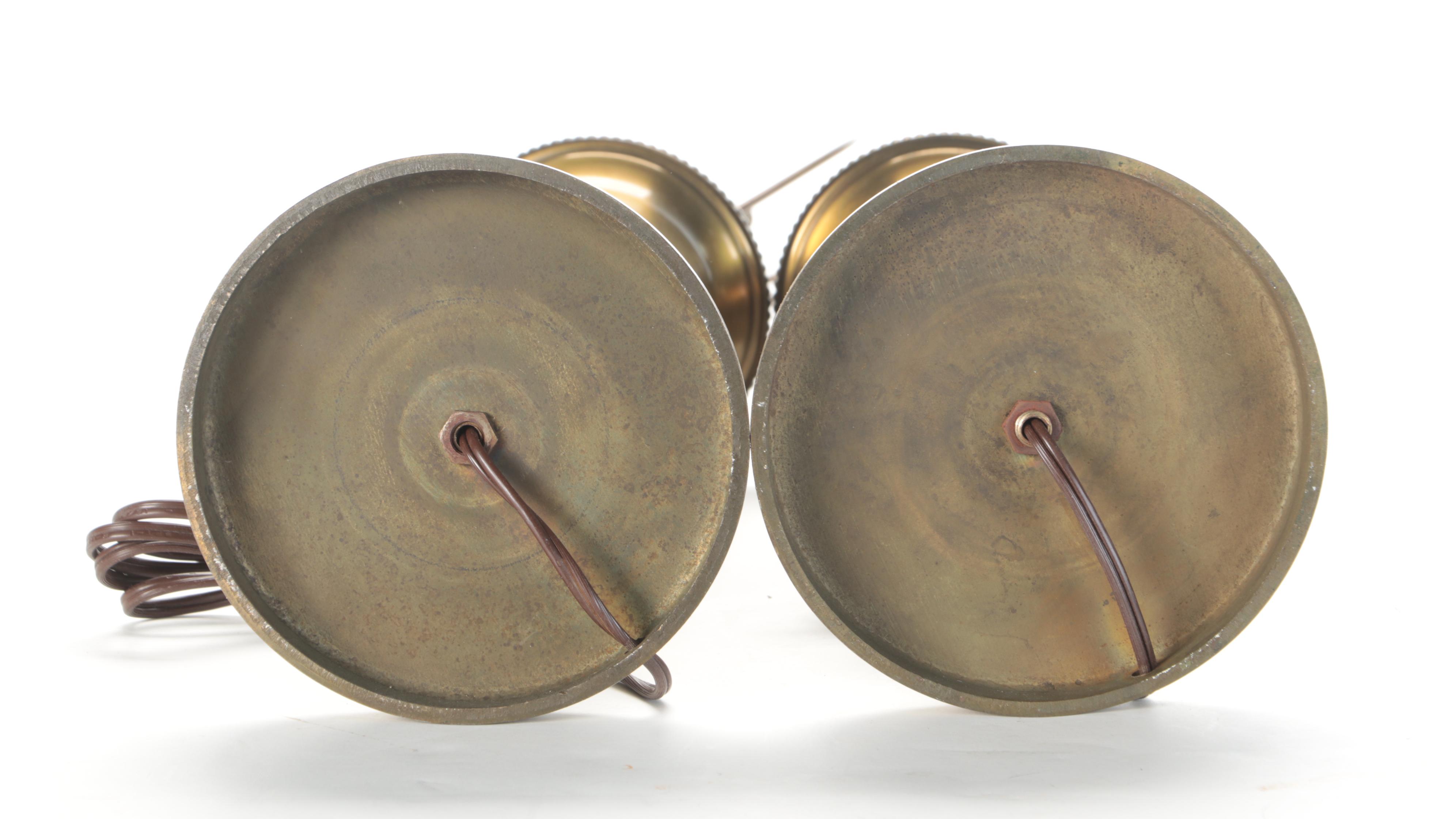 Pair of Brushed Brass and Pressed Glass Table Lamps, Late 20th Century