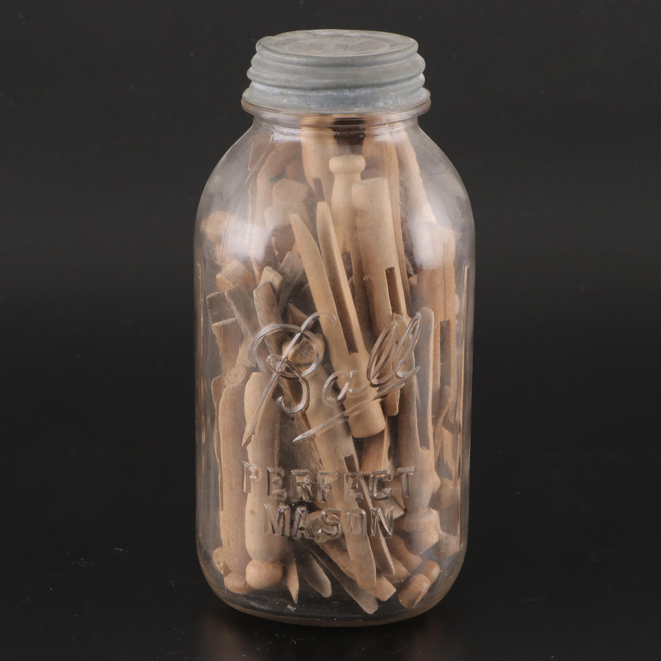 Ball Caning Jars and Wooden Clothes Pins, Early to Mid 20th Century
