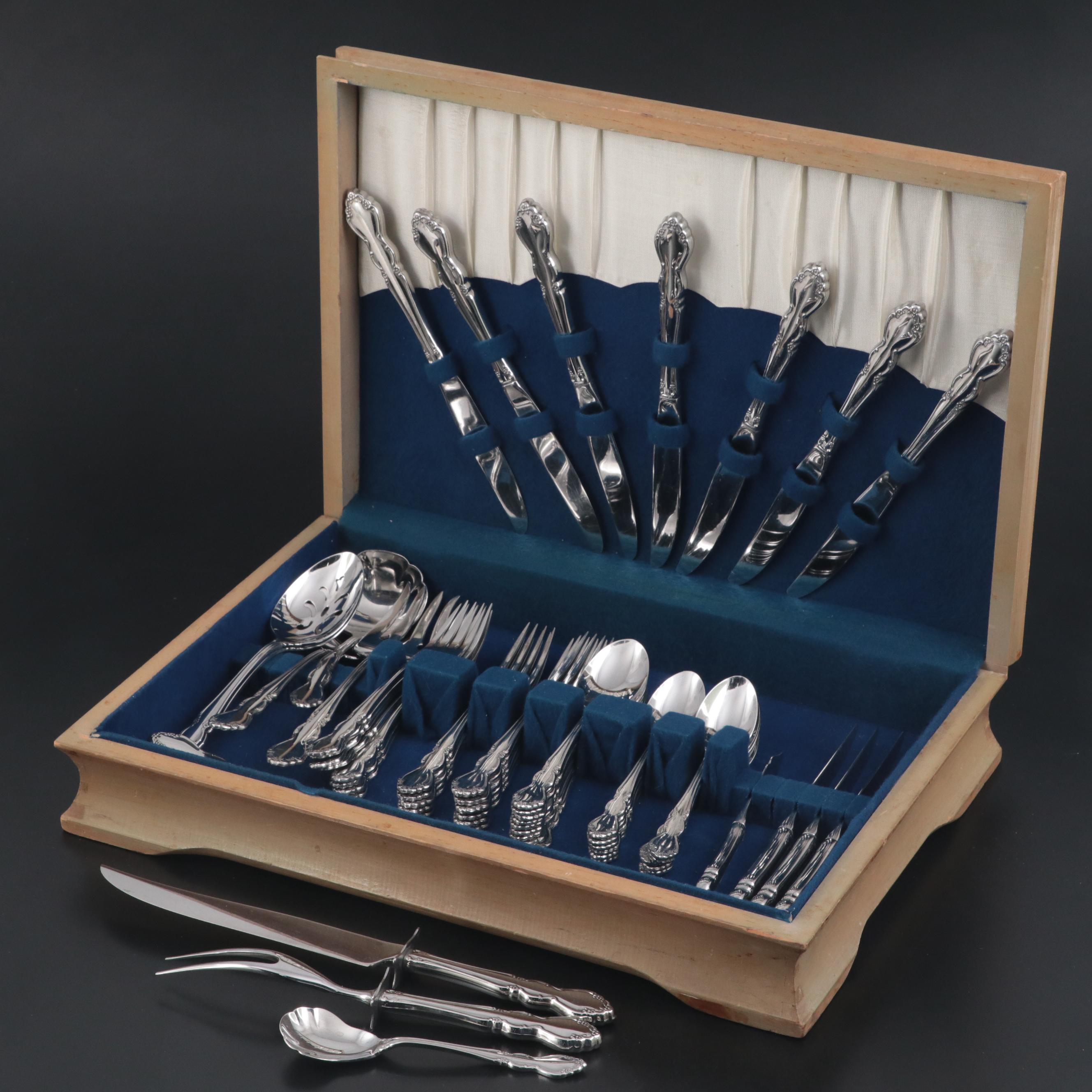 Oneida "Dover" Stainless Steel Flatware in Wooden Case, Mid to Late 20th Century
