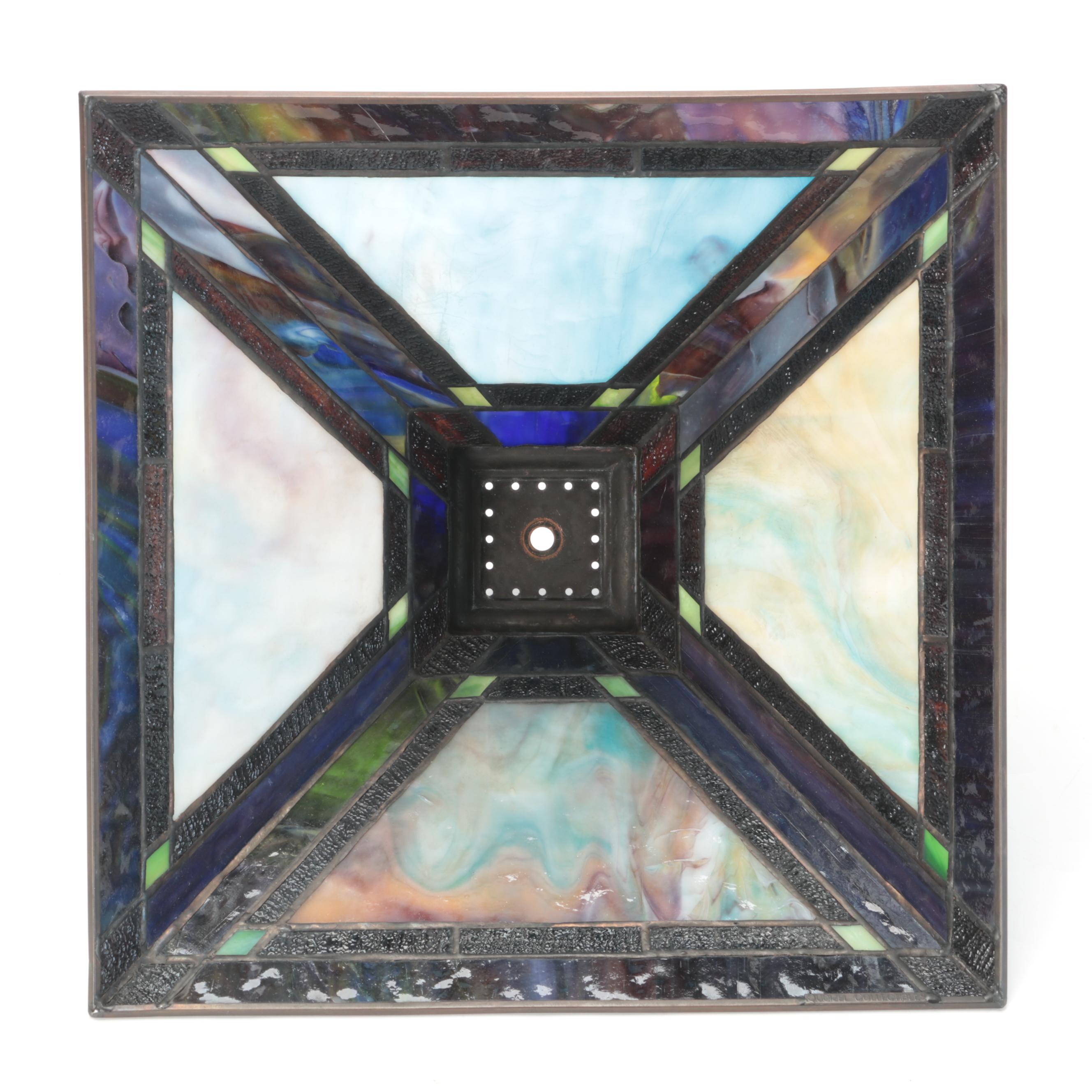 Arts and Crafts Prairie Style Pressed Metal and Slag Glass Lamp, Mid/Late 20th C