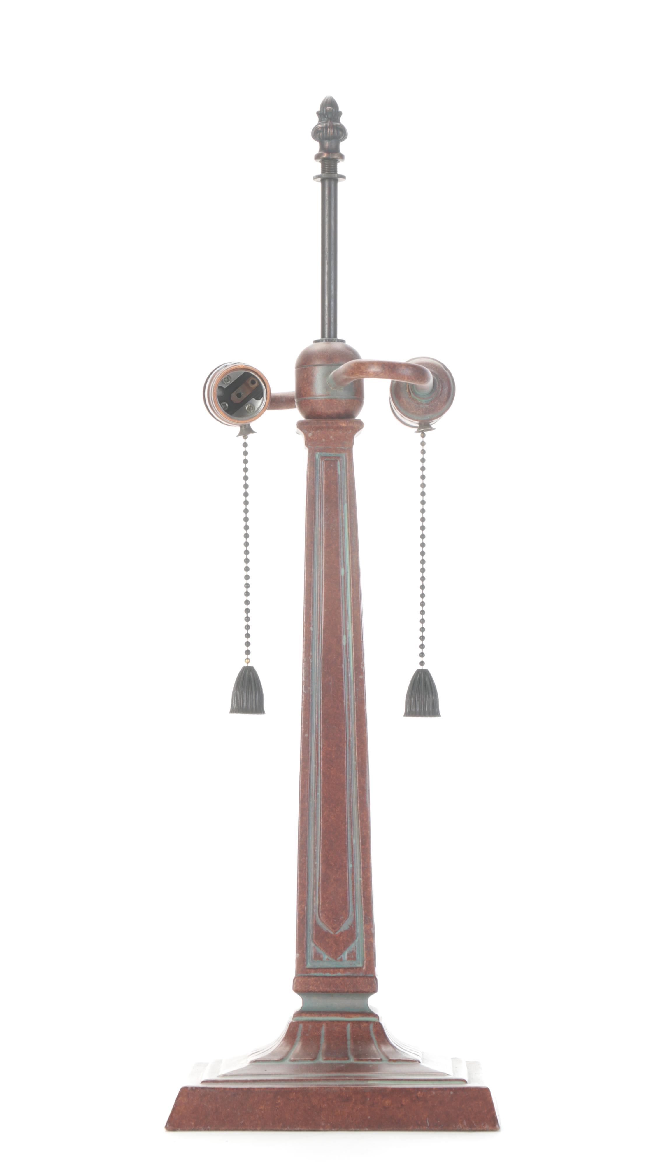 Arts and Crafts Prairie Style Pressed Metal and Slag Glass Lamp, Mid/Late 20th C