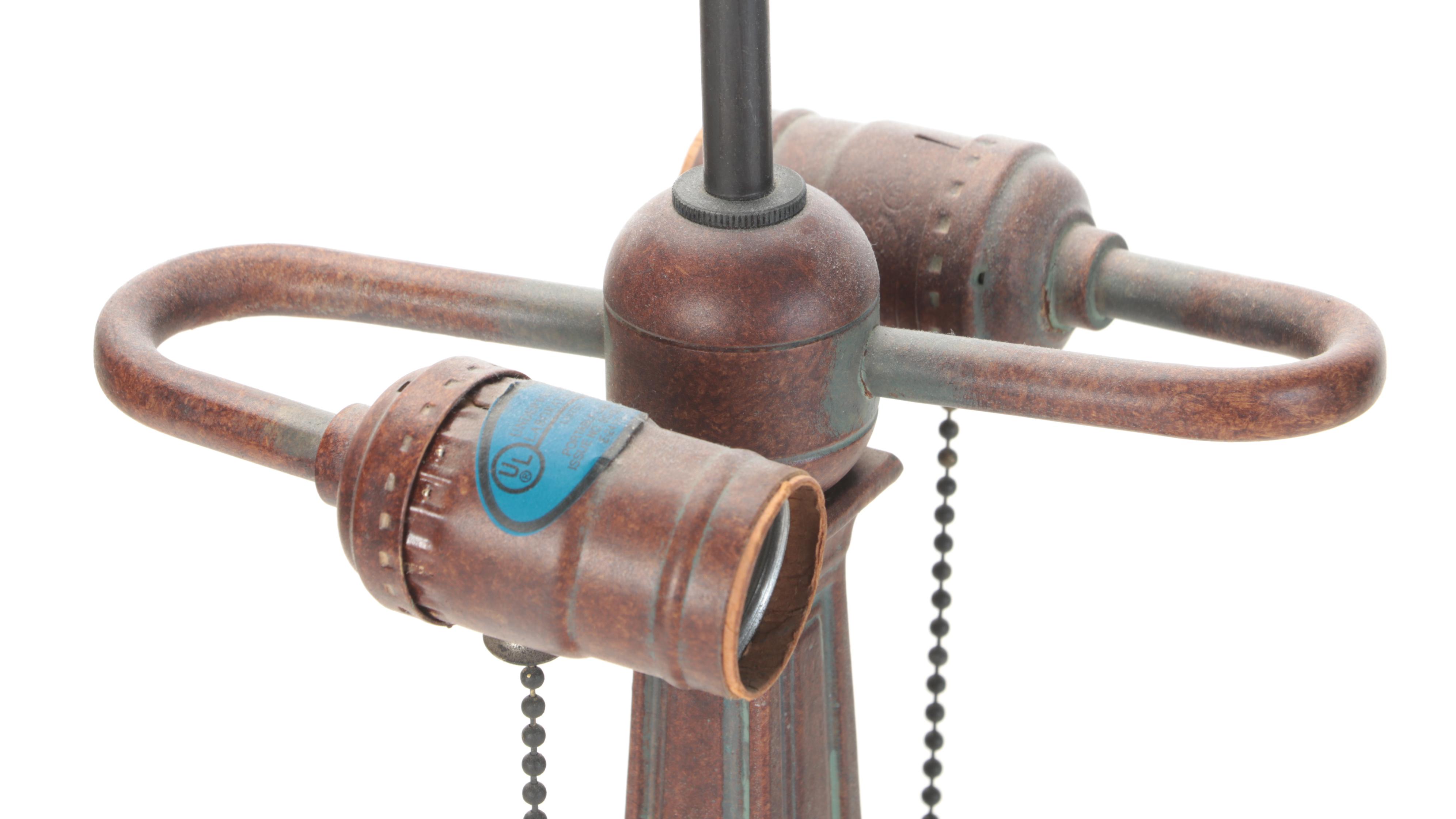 Arts and Crafts Prairie Style Pressed Metal and Slag Glass Lamp, Mid/Late 20th C