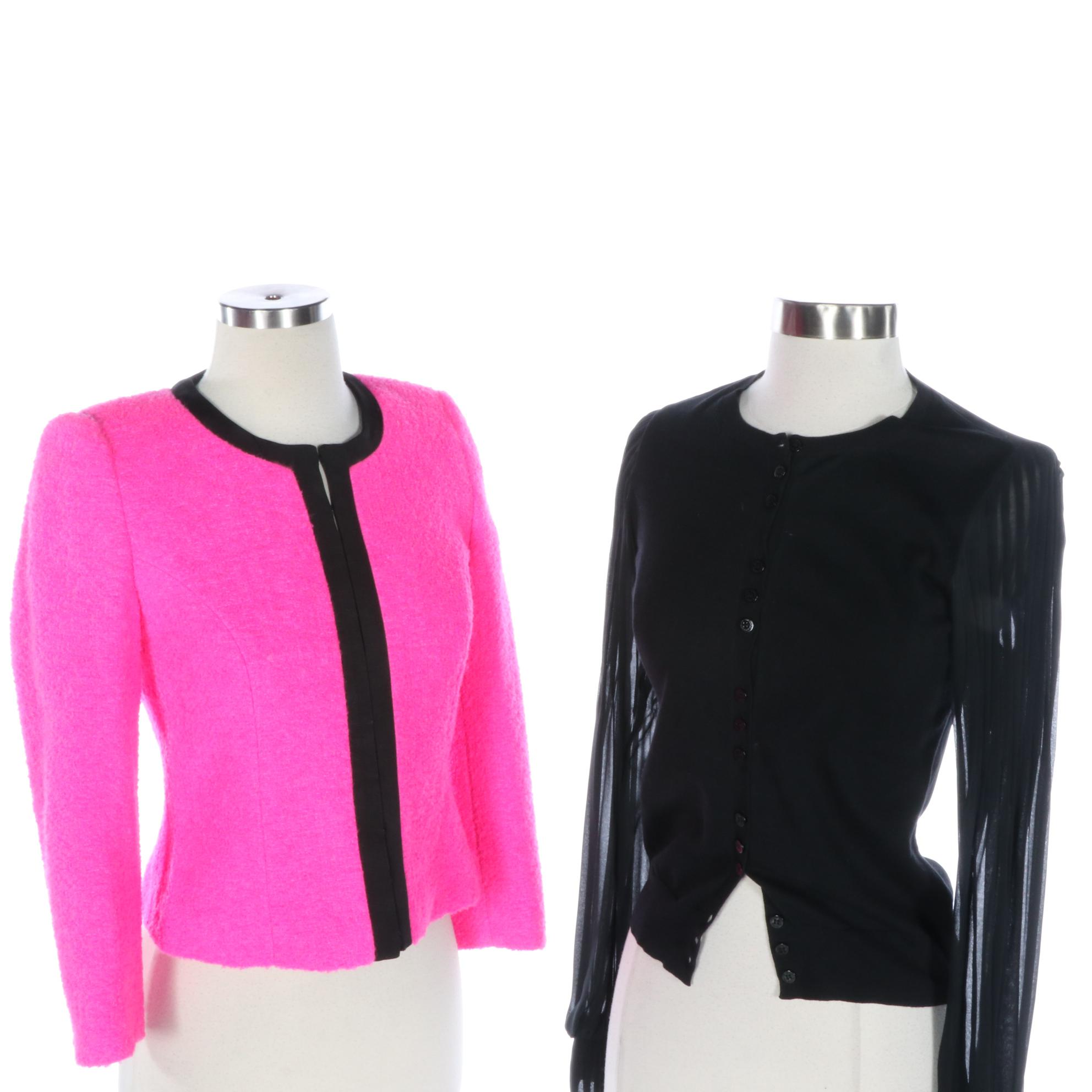 Ted Baker Short Collarless Jacket in Neon Pink Bouclé and Sweater with Chiffon