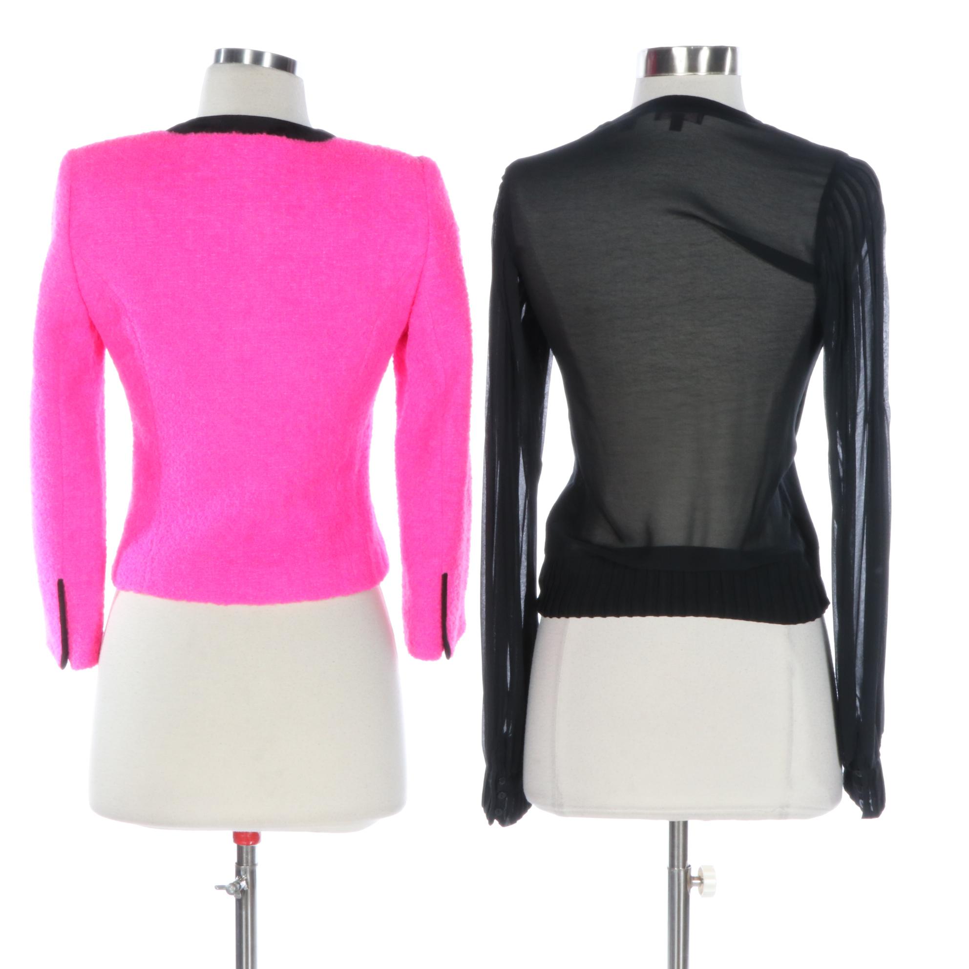 Ted Baker Short Collarless Jacket in Neon Pink Bouclé and Sweater with Chiffon