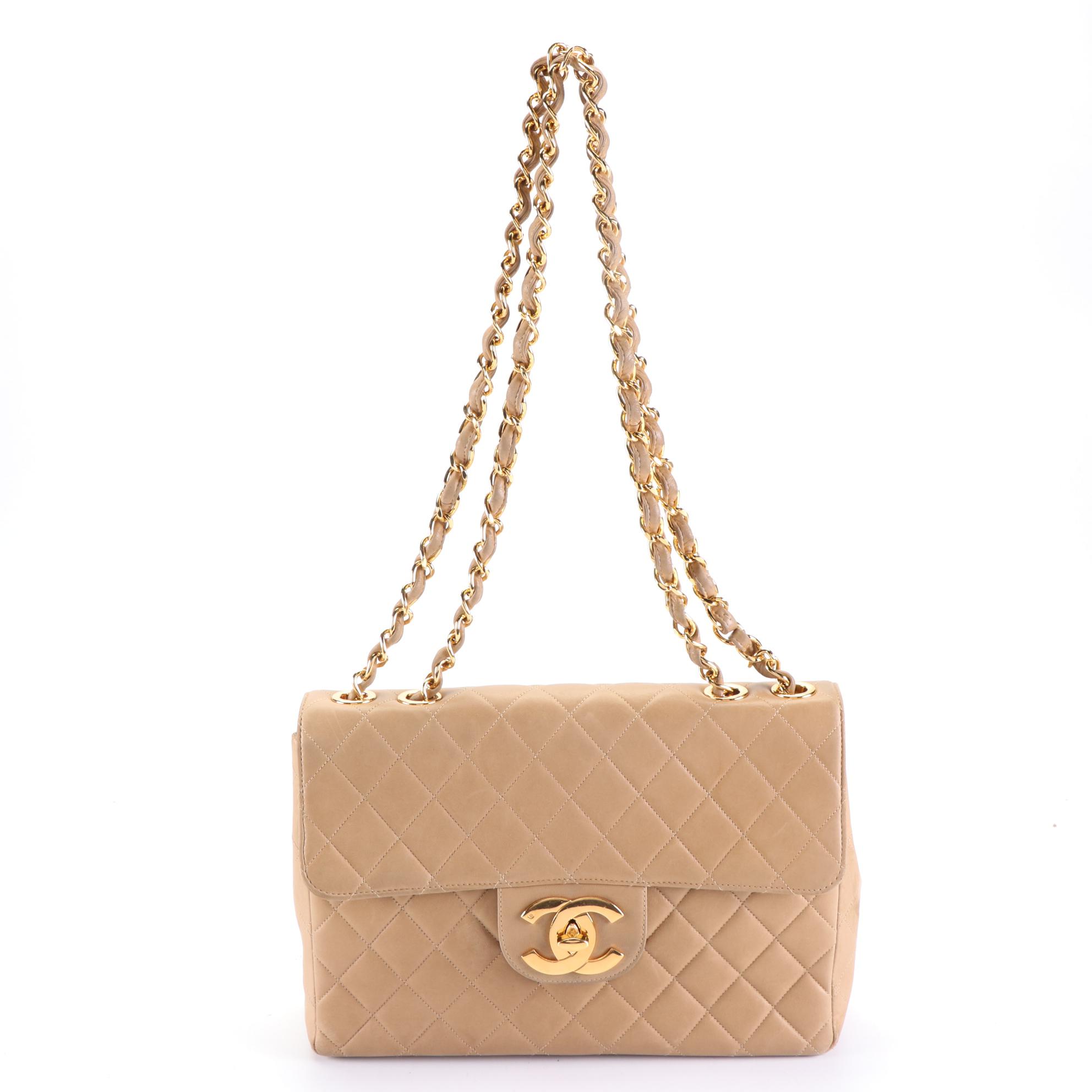 Chanel Jumbo Classic Flap Shoulder Bag in Beige Quilted Leather and Chain Strap