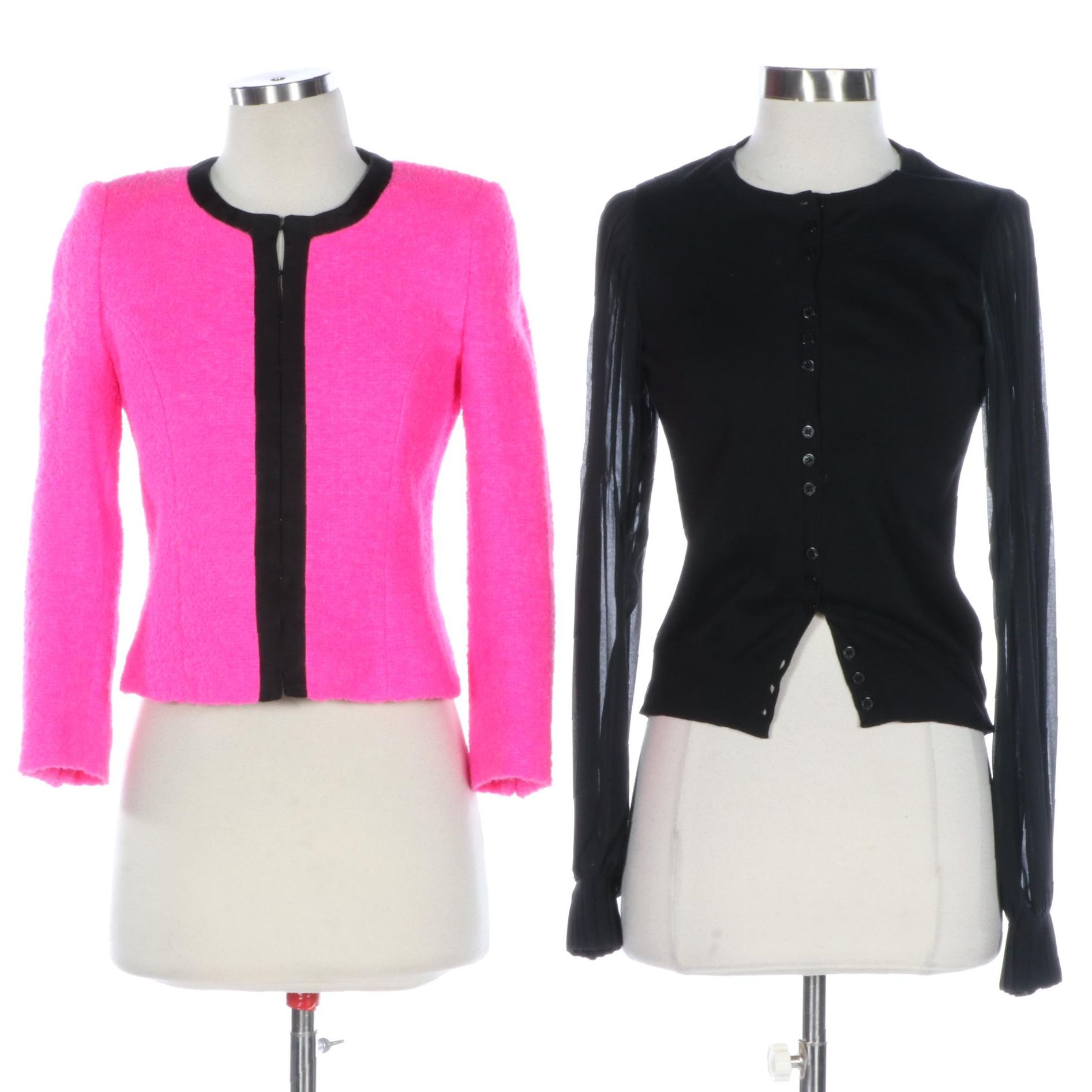 Ted Baker Short Collarless Jacket in Neon Pink Bouclé and Sweater with Chiffon