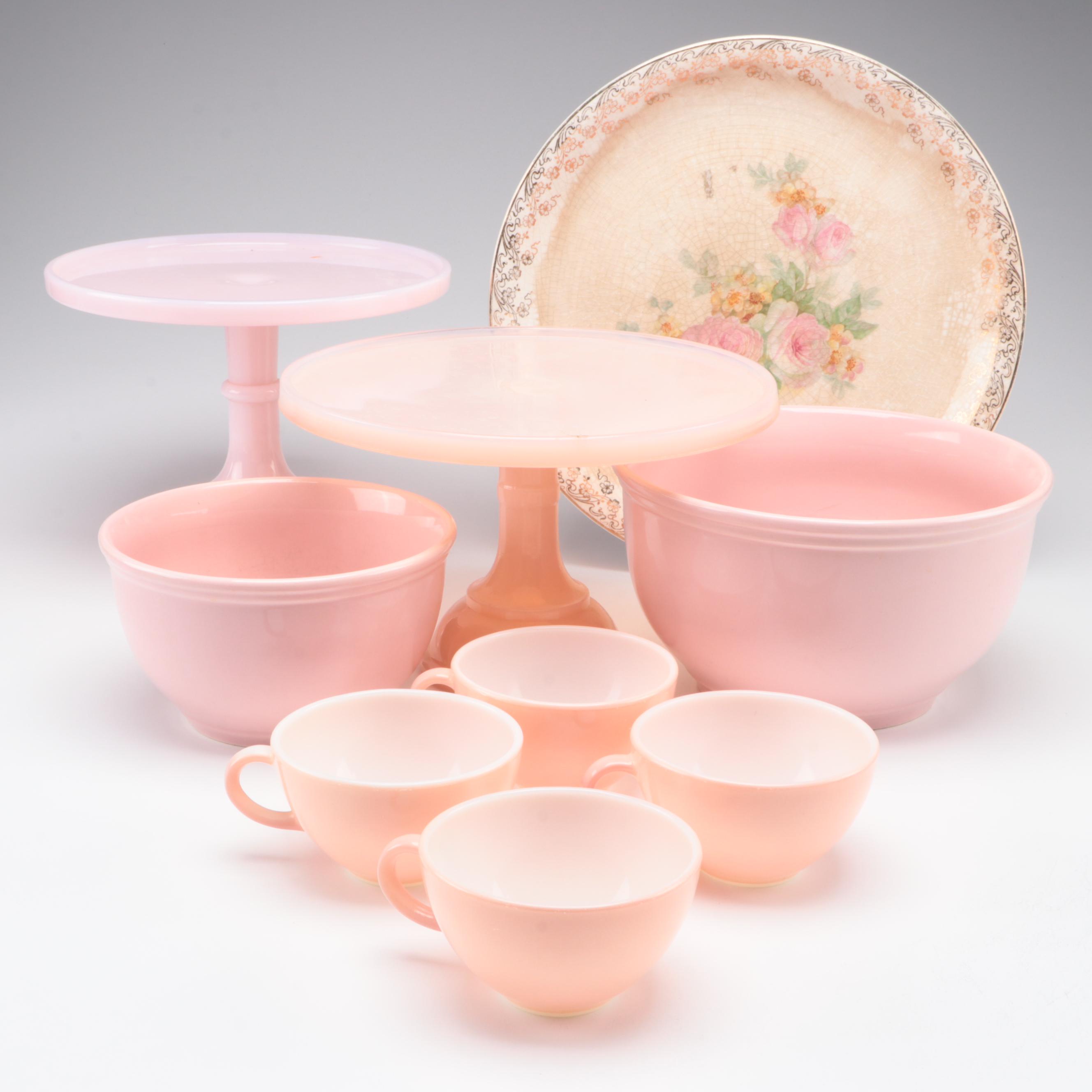 Mikasa Mixing Bowls with Pink Milk Glass Cake Plates, Mugs and Other Plate
