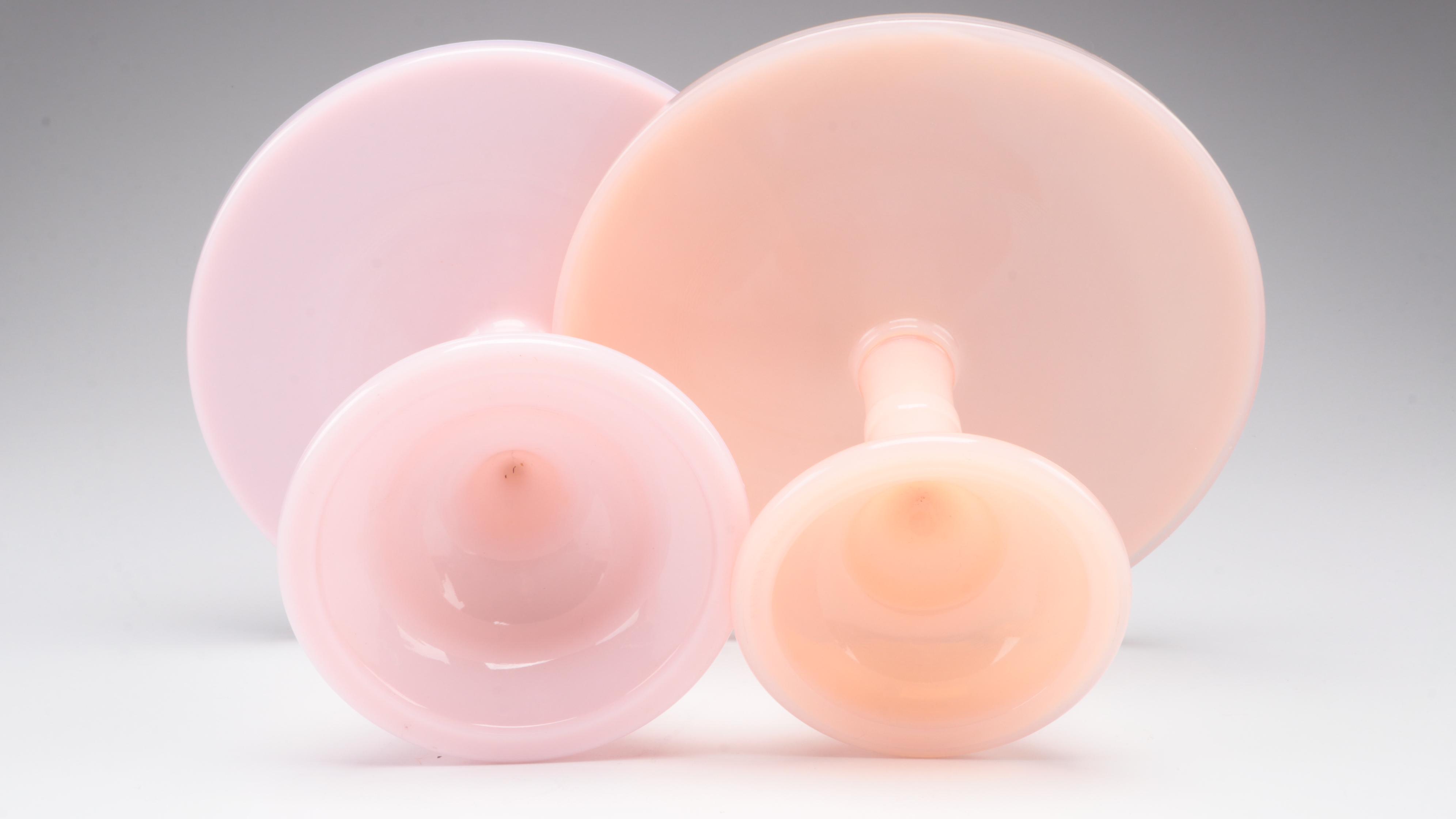 Mikasa Mixing Bowls with Pink Milk Glass Cake Plates, Mugs and Other Plate