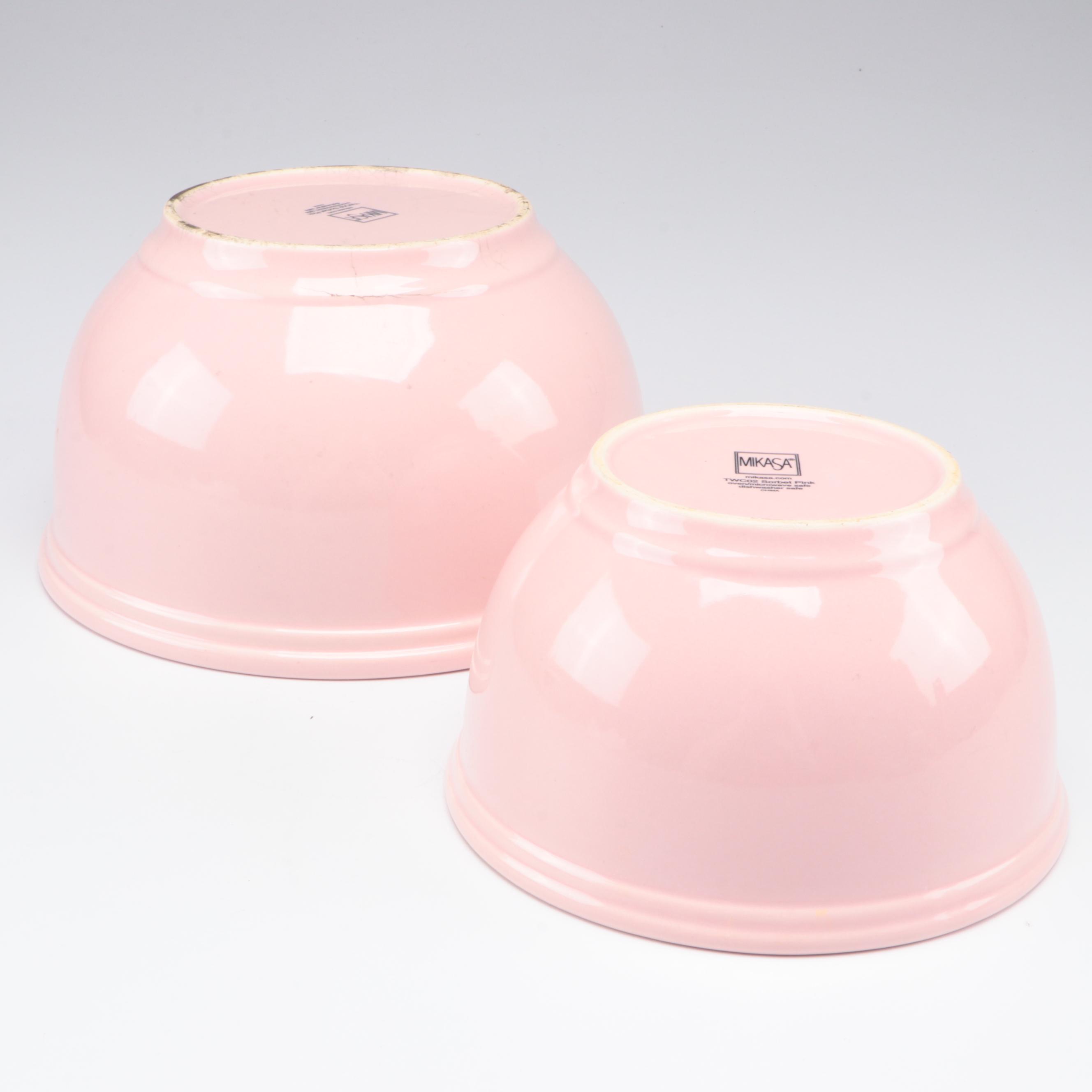 Mikasa Mixing Bowls with Pink Milk Glass Cake Plates, Mugs and Other Plate