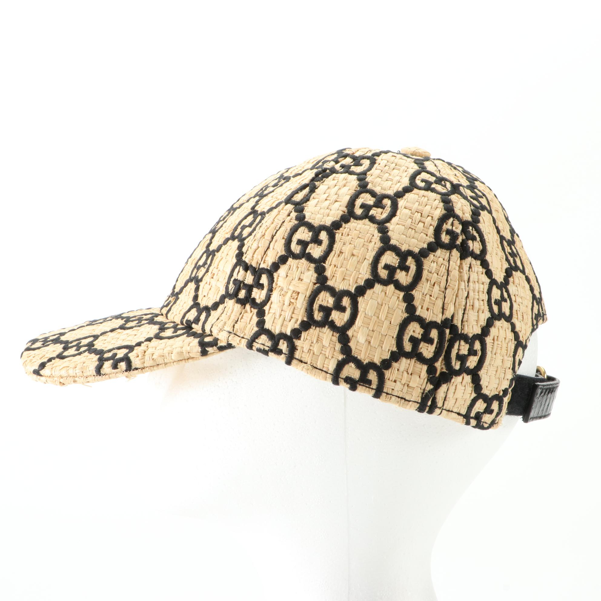 Gucci GG Embroidered Woven Raffia Baseball Cap with Cobra Snakeskin Trim