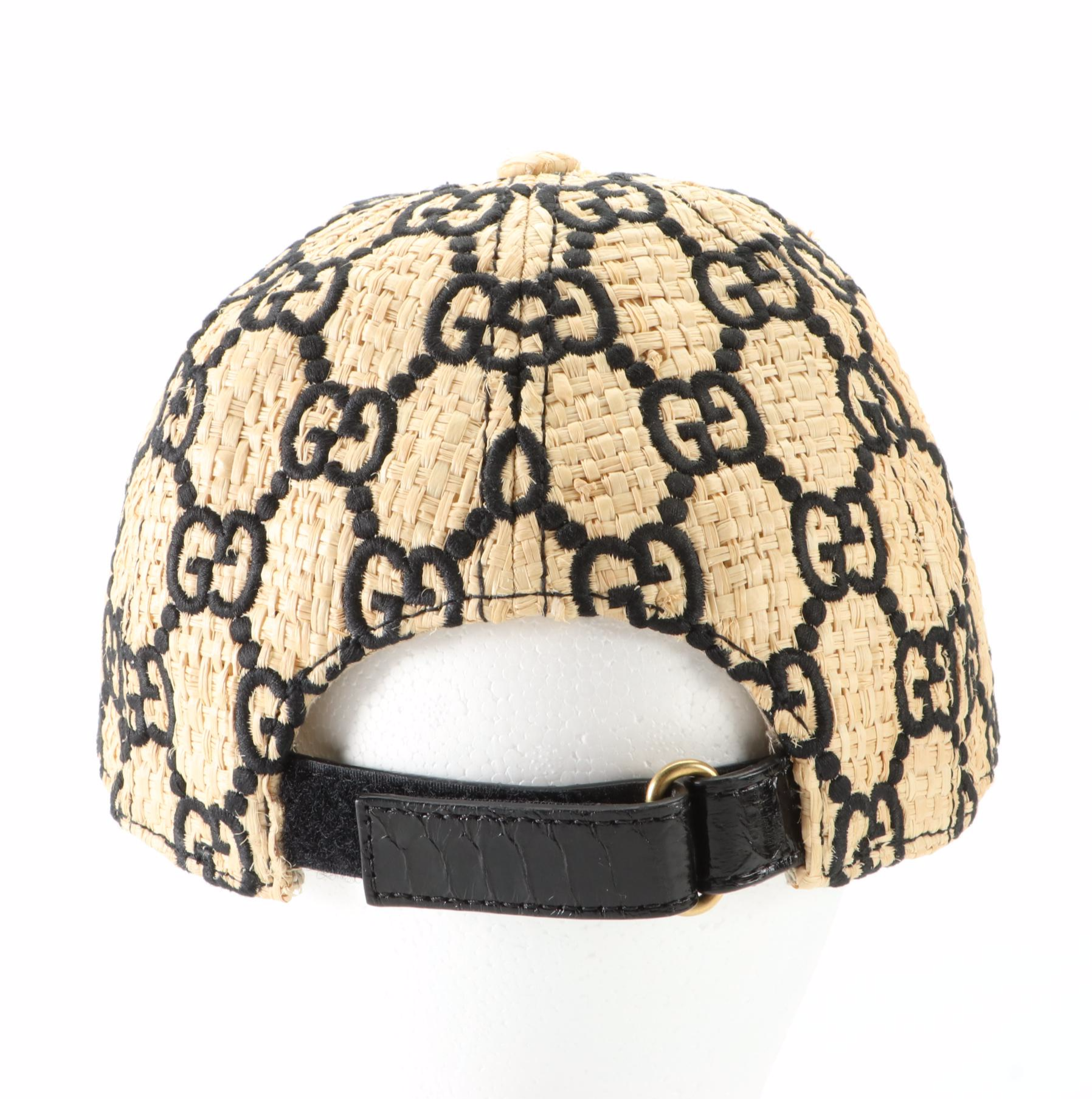 Gucci GG Embroidered Woven Raffia Baseball Cap with Cobra Snakeskin Trim