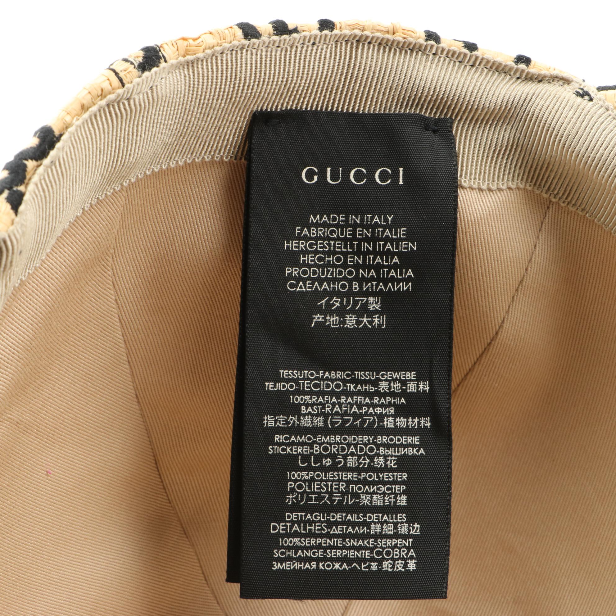 Gucci GG Embroidered Woven Raffia Baseball Cap with Cobra Snakeskin Trim