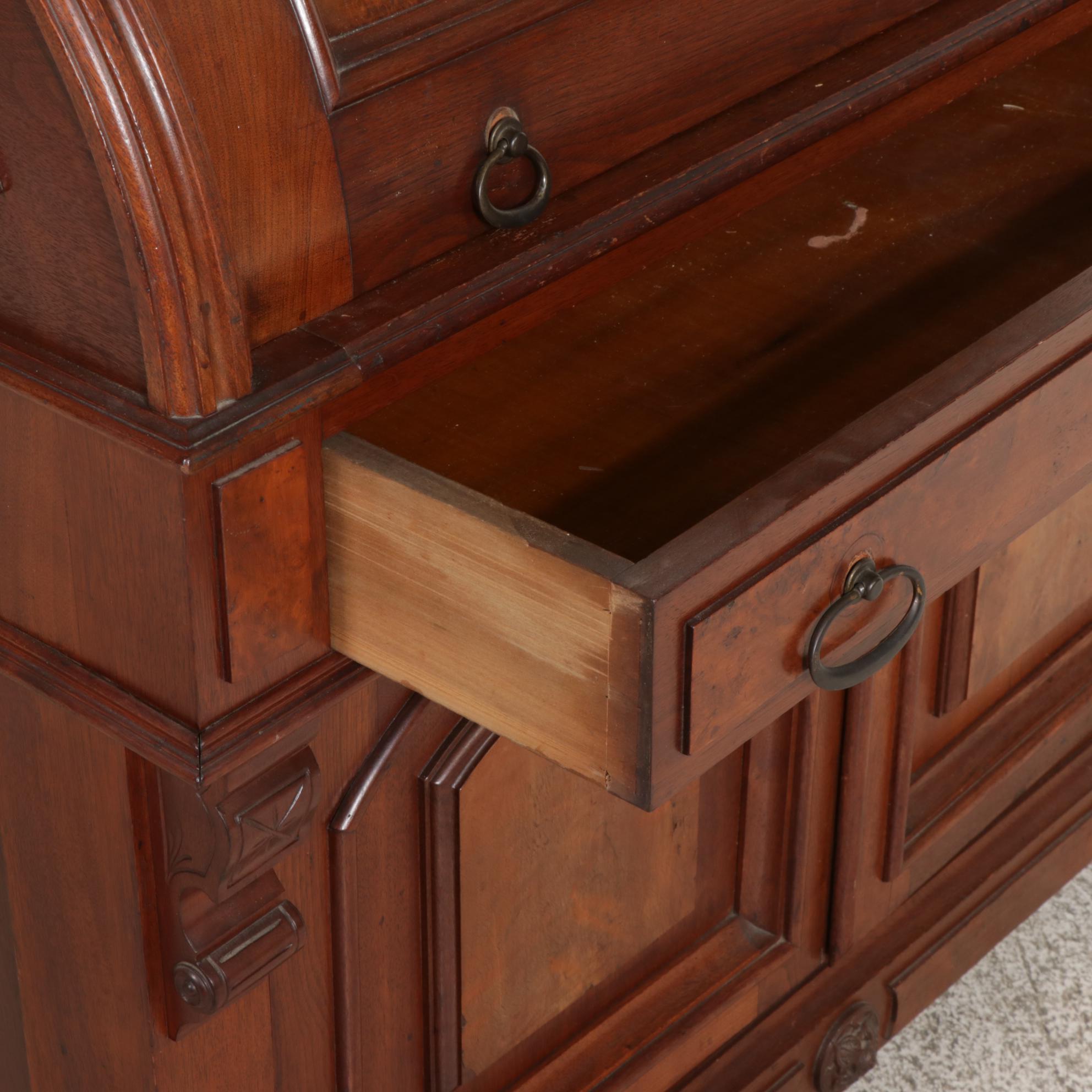 Victorian Walnut Cylinder Roll Top Secretary, Late 19th Century