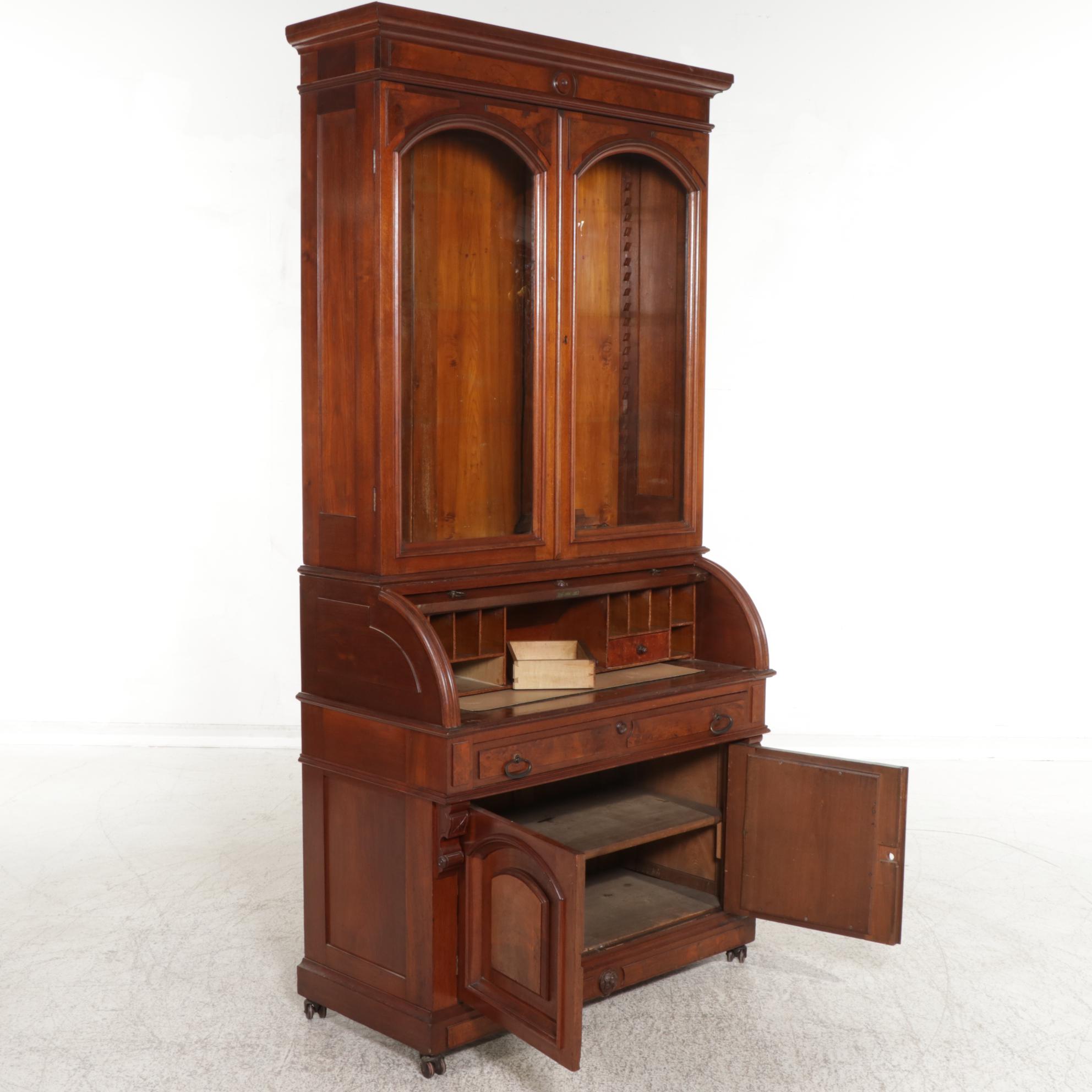 Victorian Walnut Cylinder Roll Top Secretary, Late 19th Century