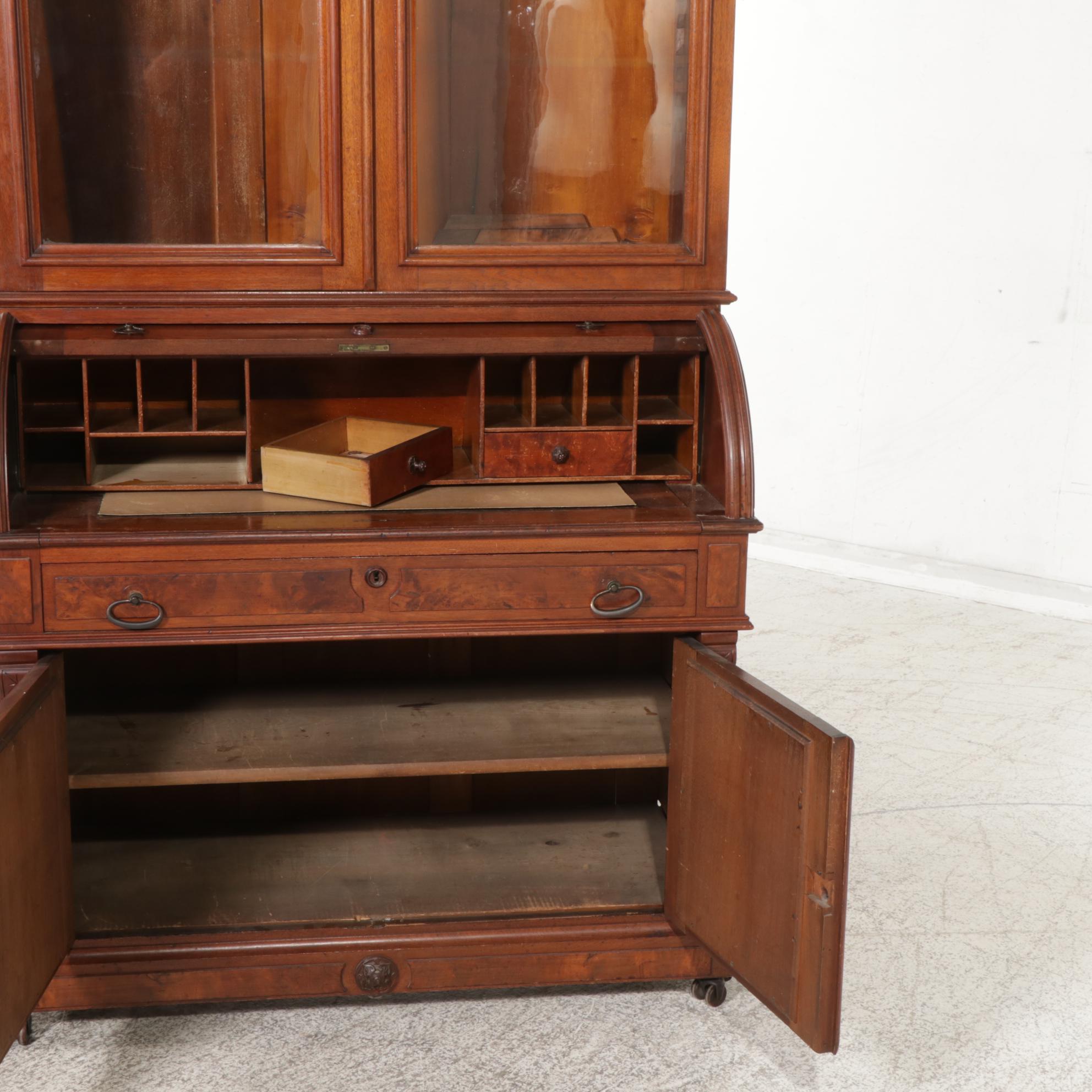 Victorian Walnut Cylinder Roll Top Secretary, Late 19th Century