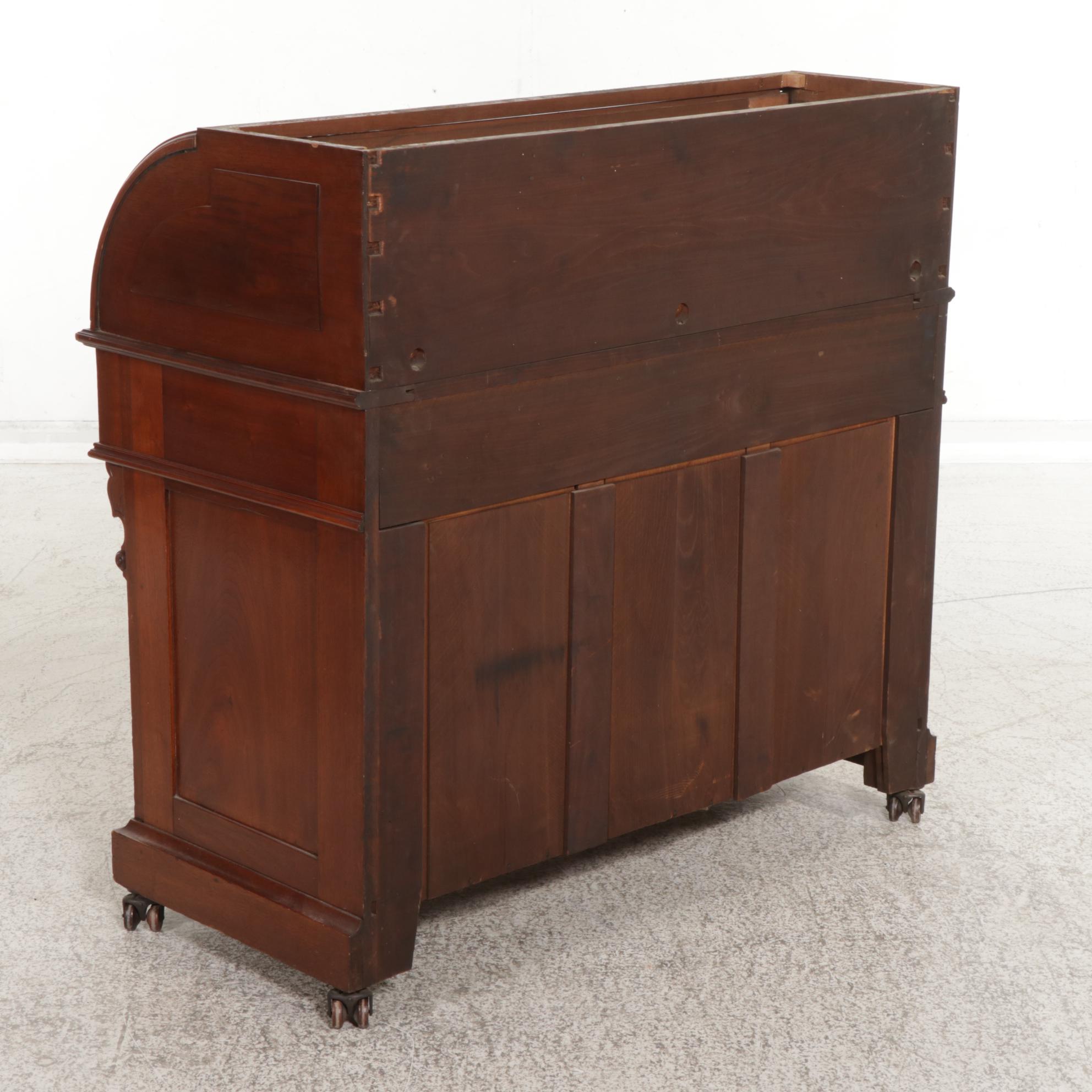 Victorian Walnut Cylinder Roll Top Secretary, Late 19th Century