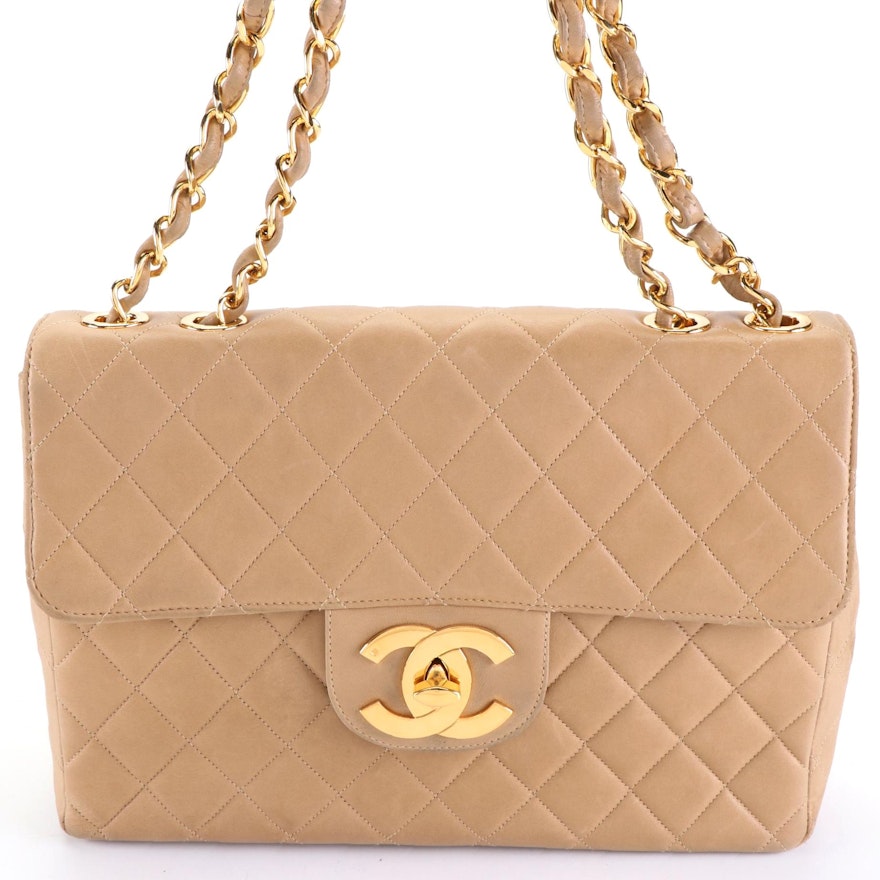 Chanel Jumbo Classic Flap Shoulder Bag in Beige Quilted Leather and Chain Strap