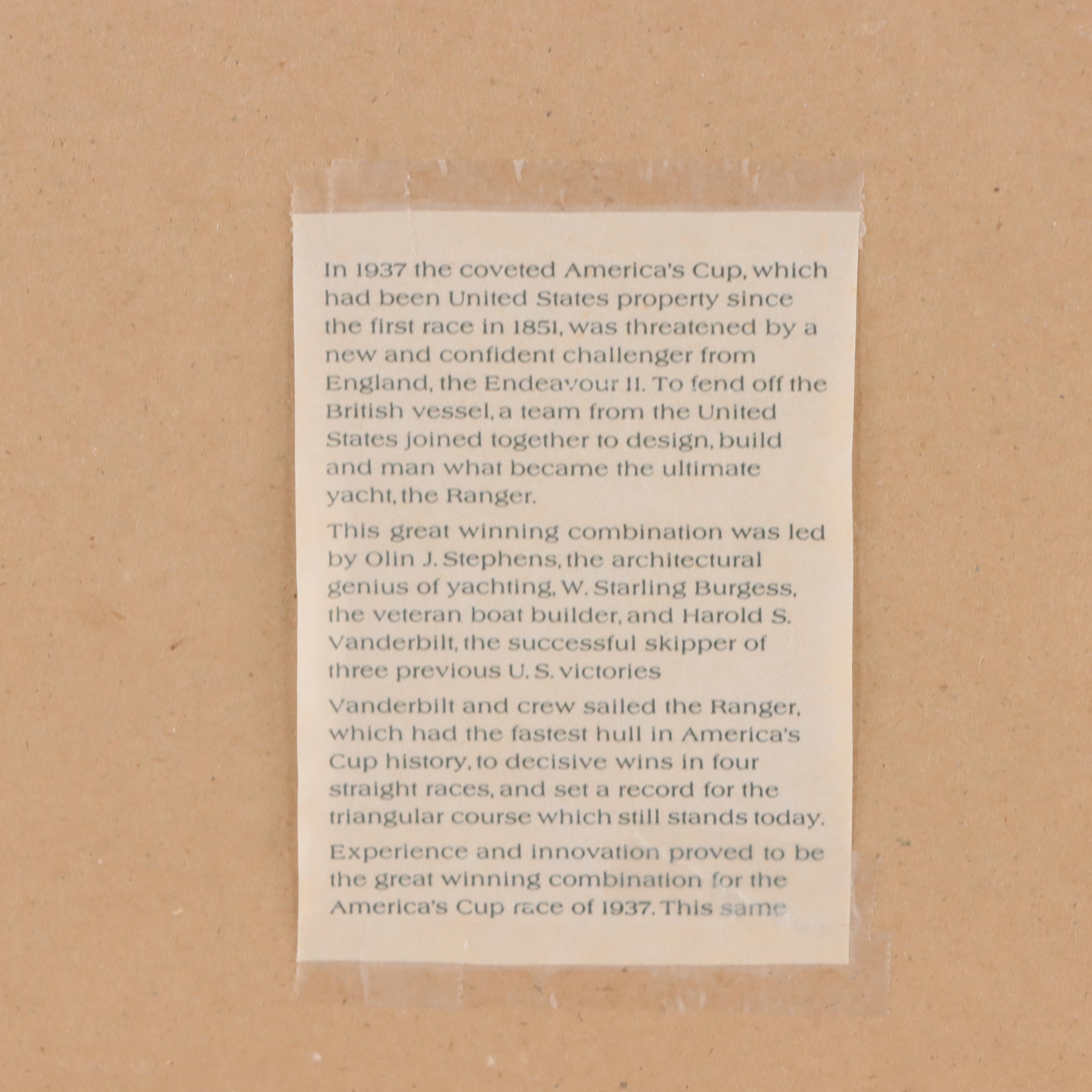 Offset Lithograph After George Gaadt of America's Cup Racing Yacht "The Ranger"