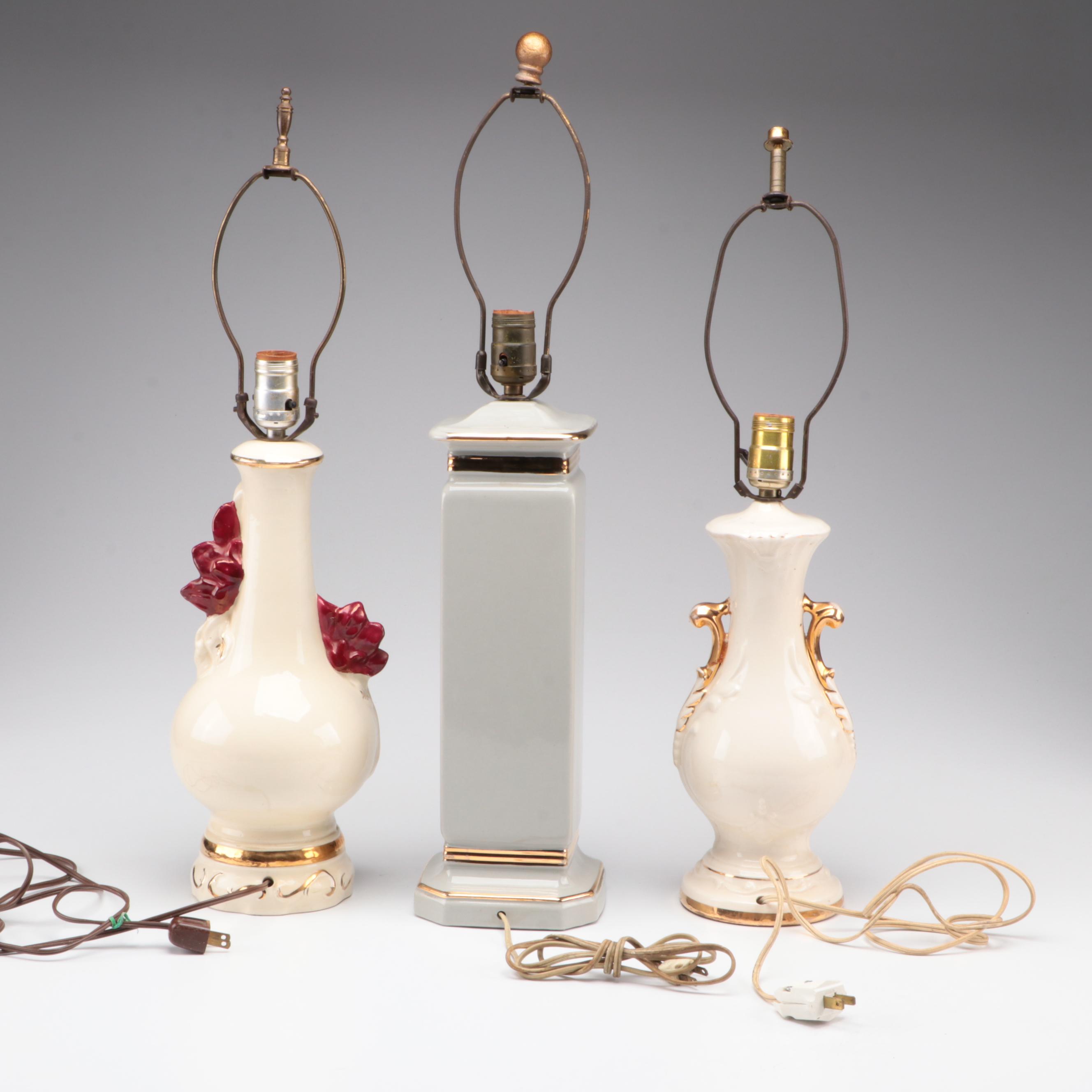 Gilded Ceramic Floral Lamps, Mid-20th Century