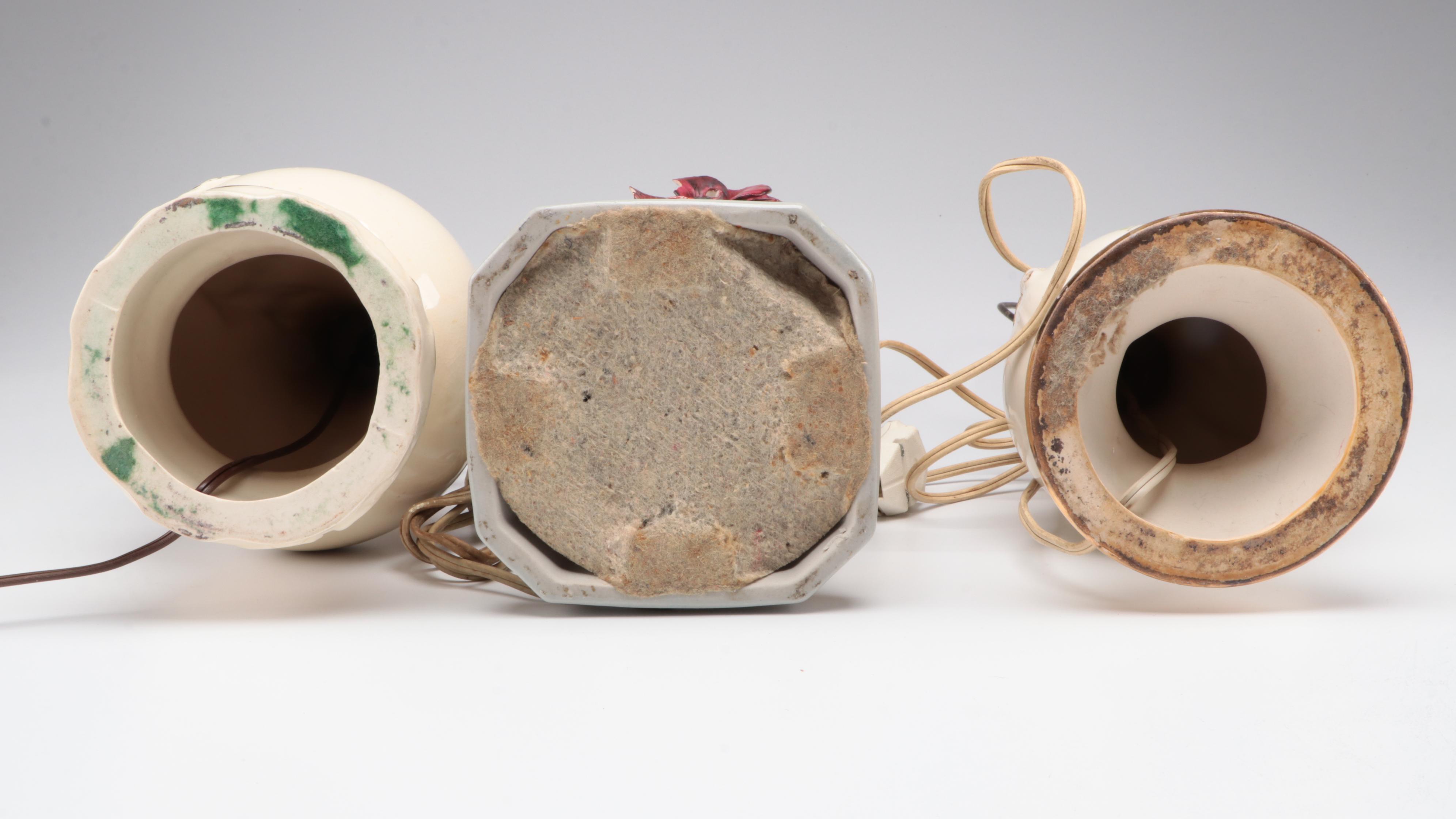 Gilded Ceramic Floral Lamps, Mid-20th Century