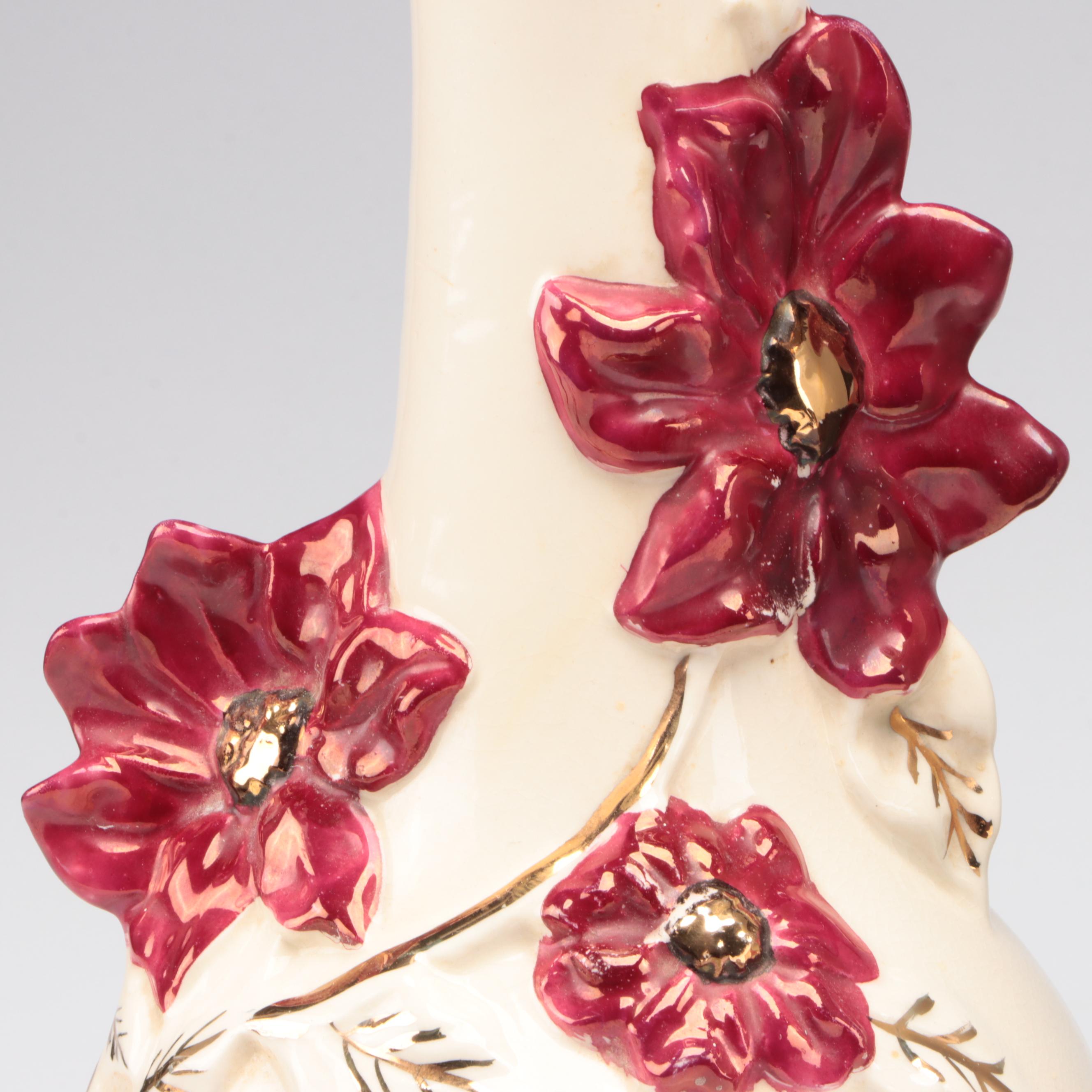 Gilded Ceramic Floral Lamps, Mid-20th Century