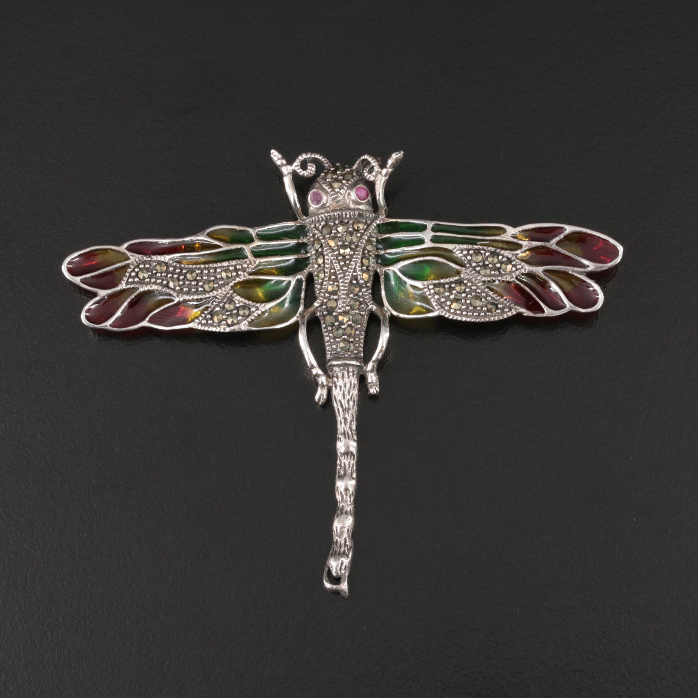 Sterling Plique - a -Jour Style Ruby, Marcasite and Enamel Dragonfly Brooch
