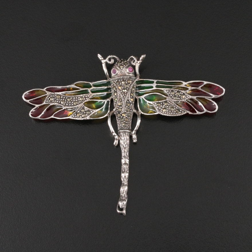 Sterling Plique - a -Jour Style Ruby, Marcasite and Enamel Dragonfly Brooch