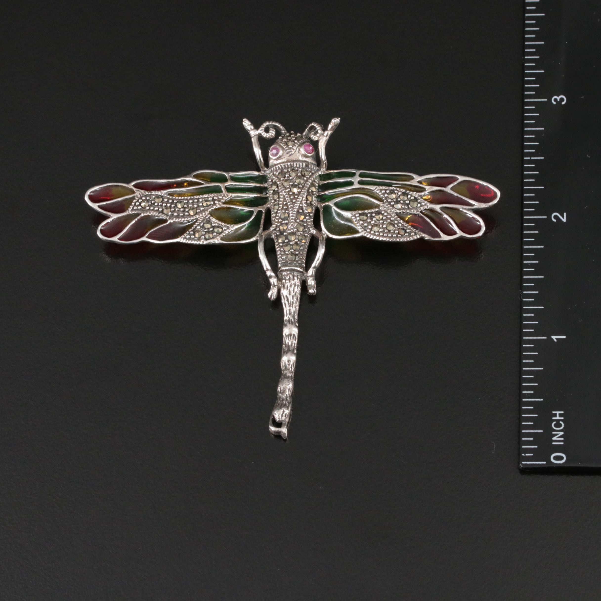 Sterling Plique - a -Jour Style Ruby, Marcasite and Enamel Dragonfly Brooch