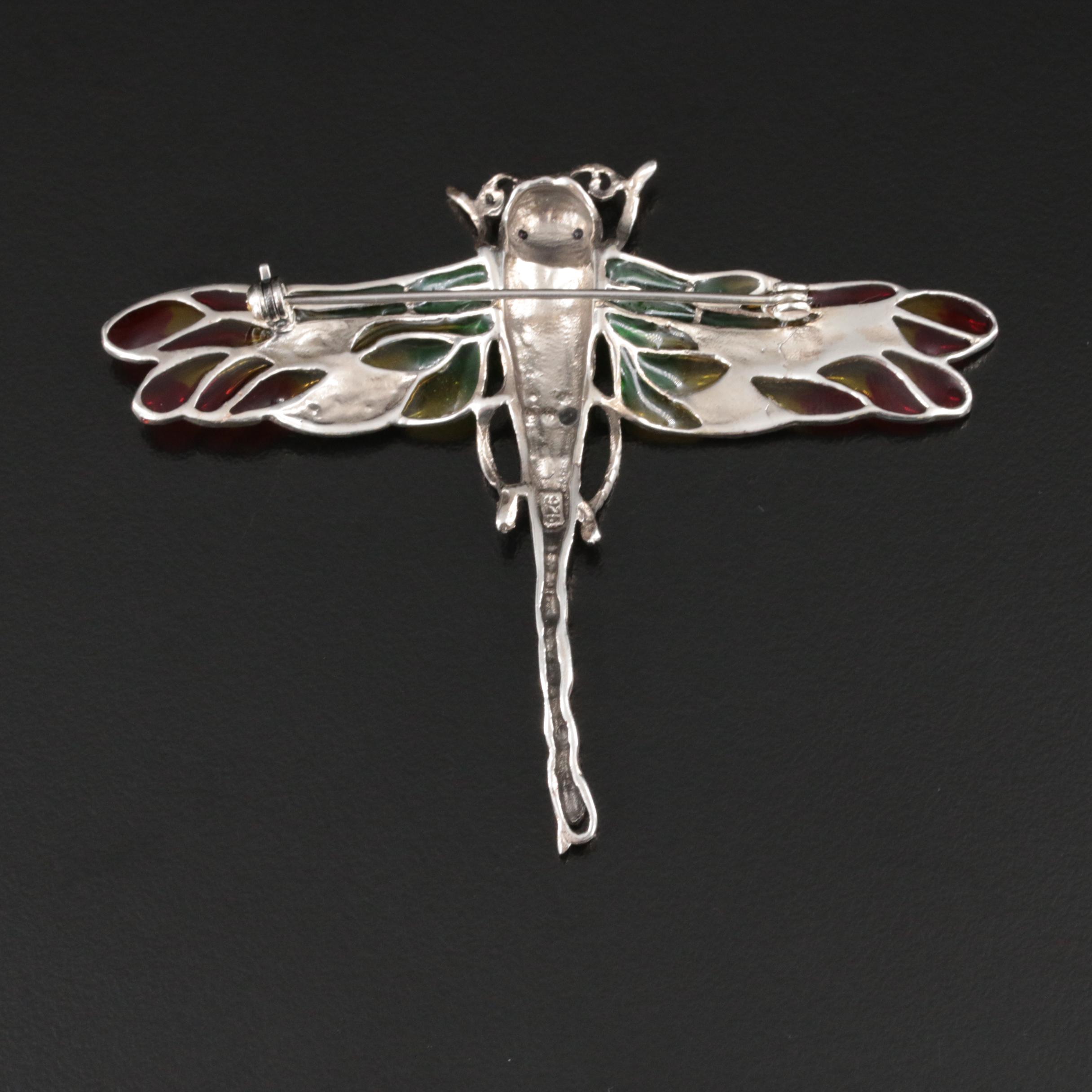 Sterling Plique - a -Jour Style Ruby, Marcasite and Enamel Dragonfly Brooch
