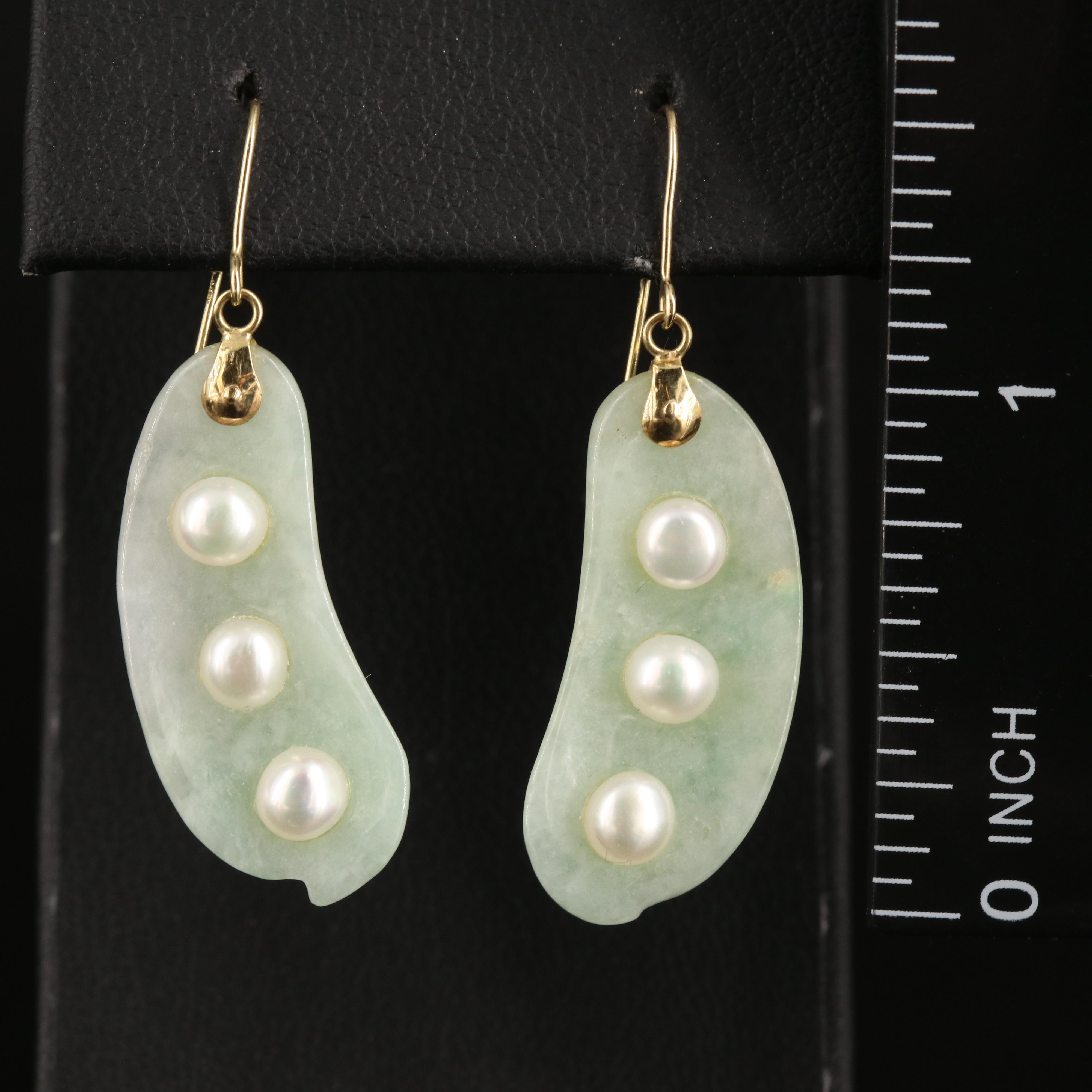 14K Jadeite and Pearl Pea Pod Earrings