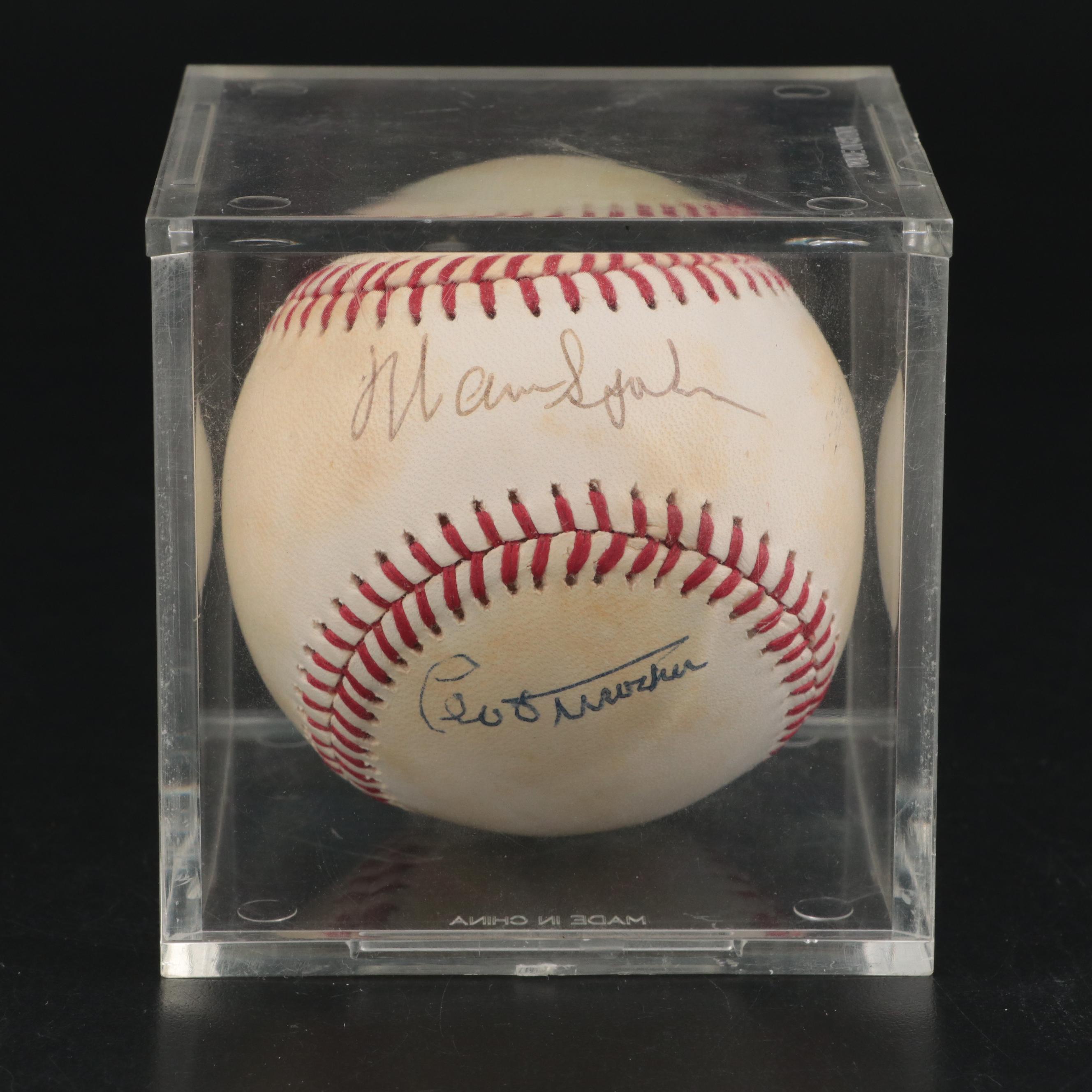 Warren Spahn and Leo Durocher Signed Rawlings Giamatti National League Baseball