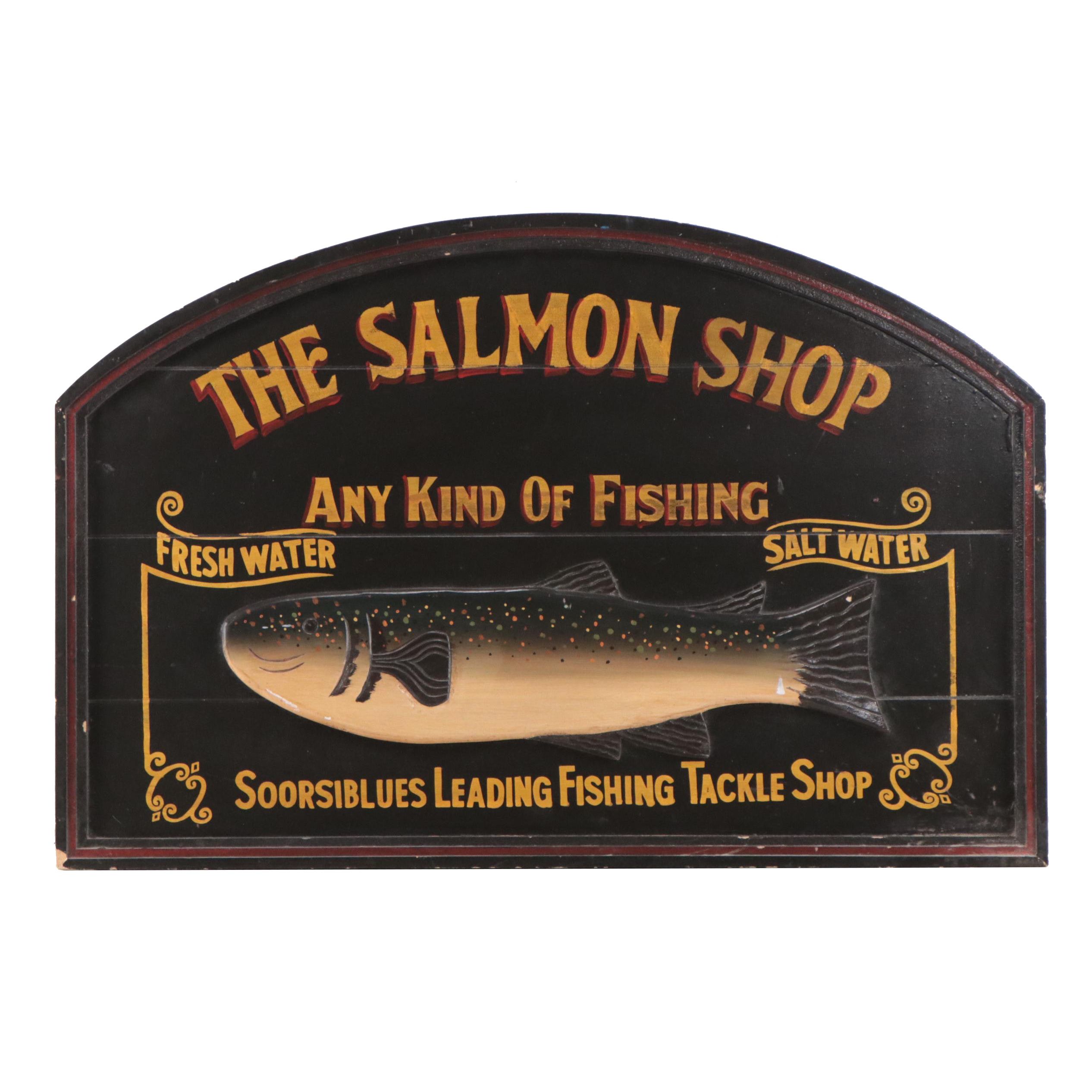 Painted-Wood Fishing Tackle Shop Sign "The Salmon Shop"