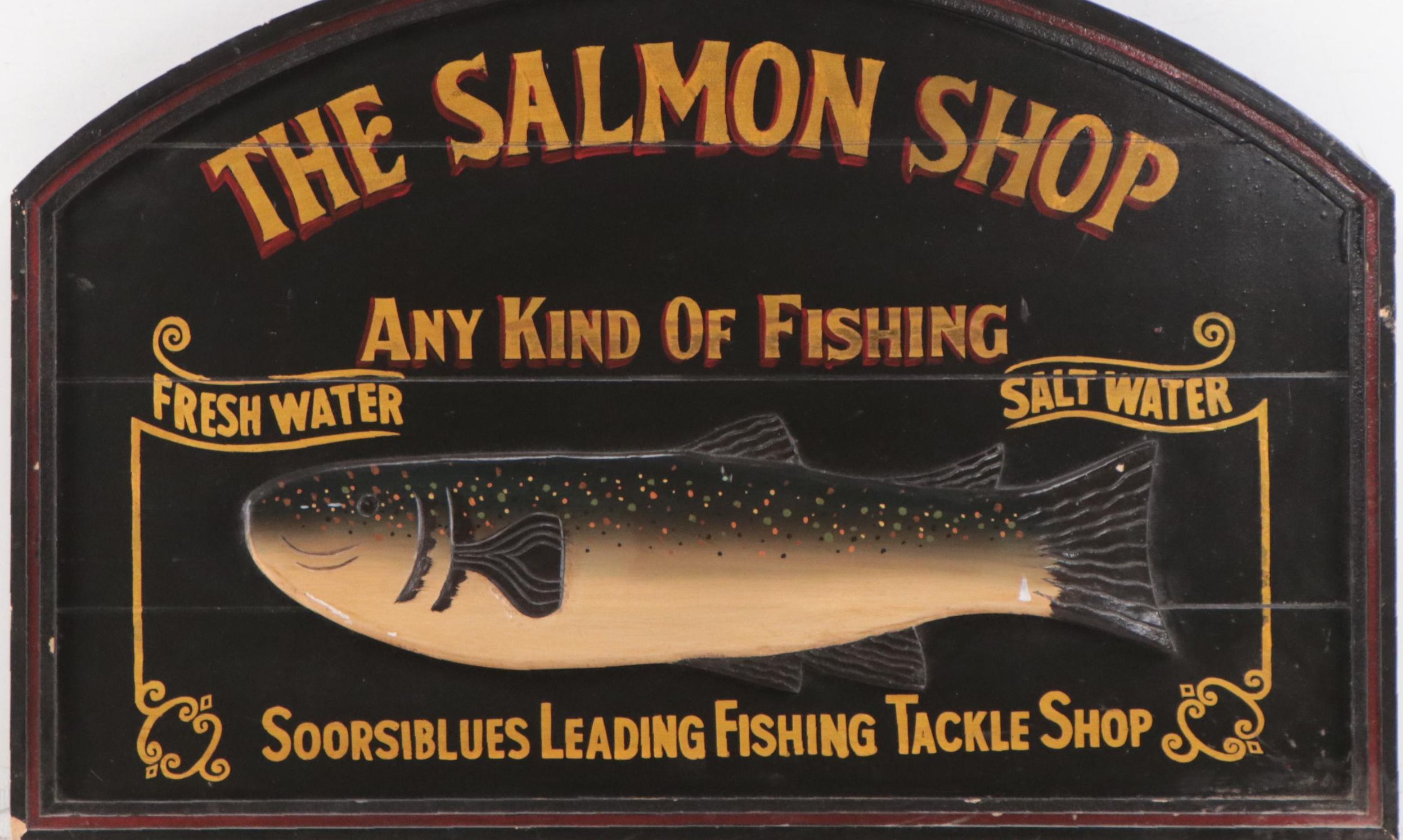 Painted-Wood Fishing Tackle Shop Sign "The Salmon Shop"