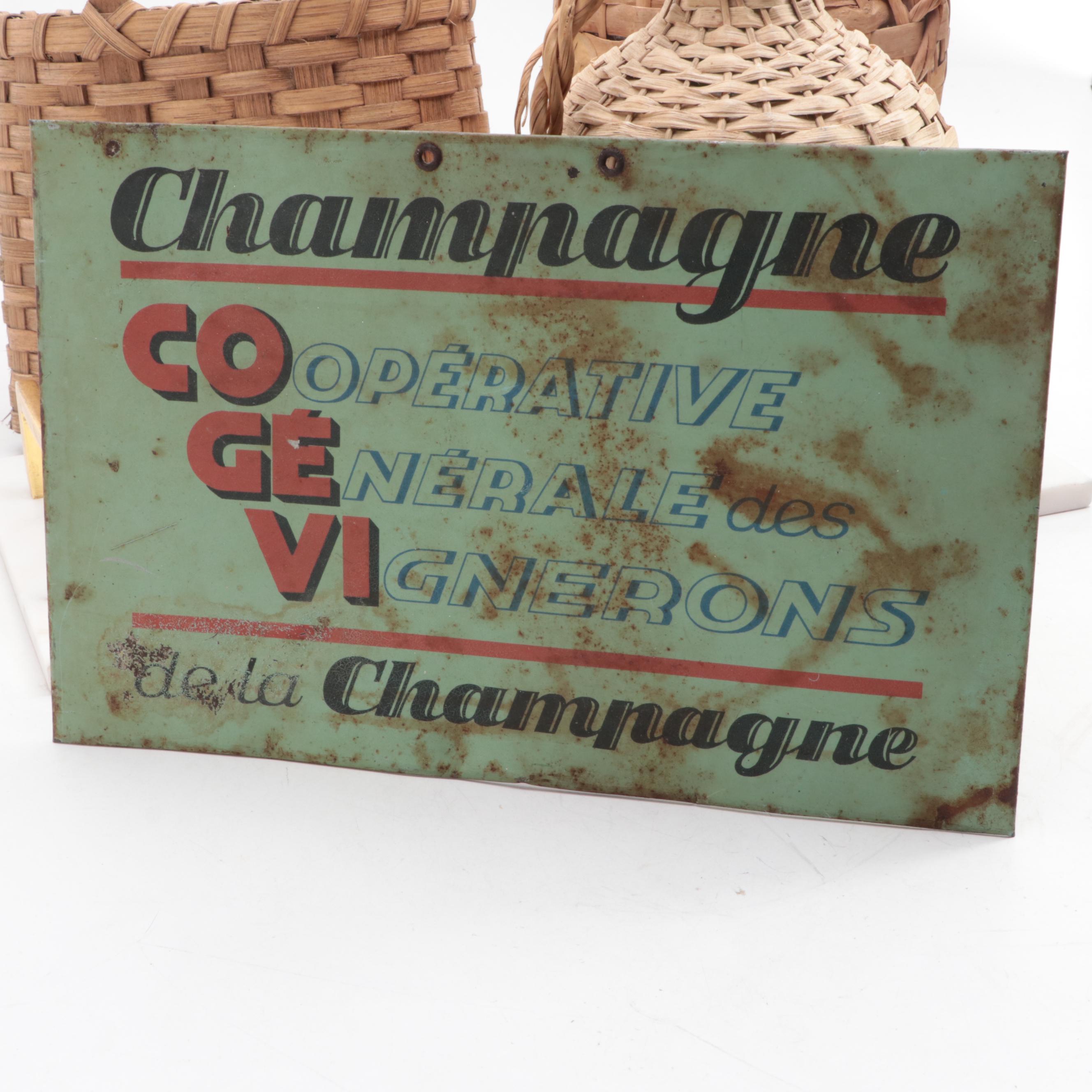 Woven Wine Jugs and Basket with Marble Tray and Champagne Sign