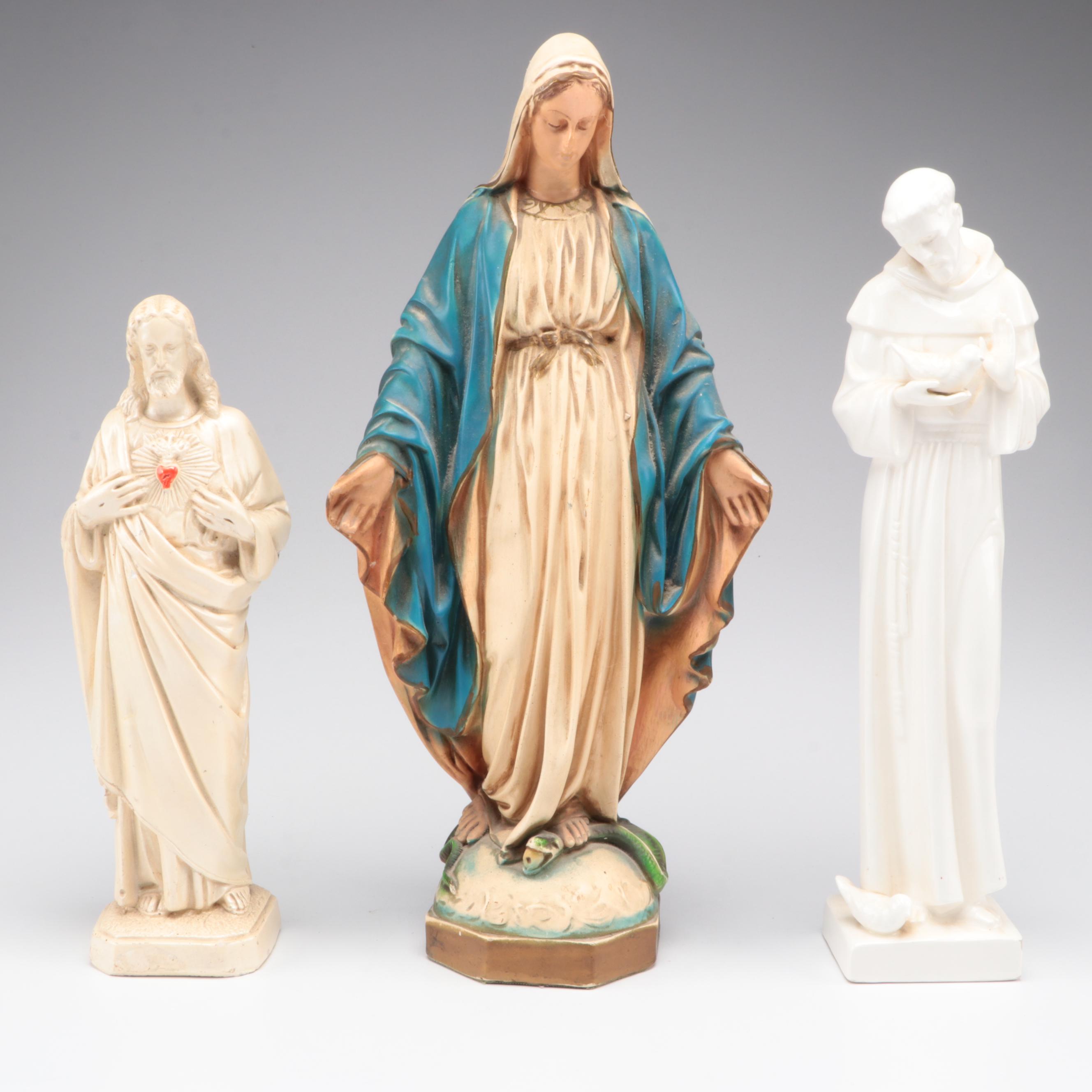 Painted Chalkware Our Lady of Grace with St. Joseph and Other Statues