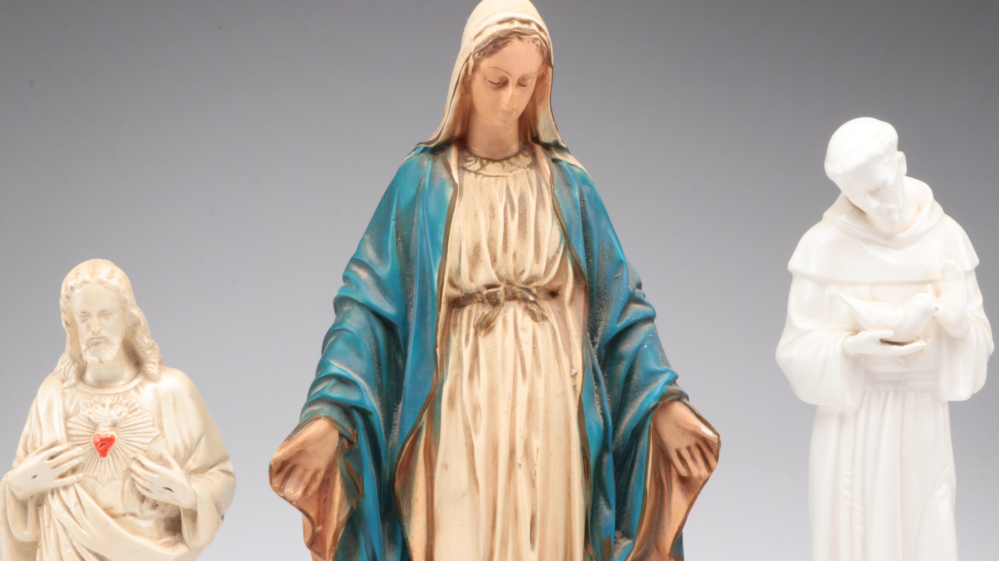 Painted Chalkware Our Lady of Grace with St. Joseph and Other Statues