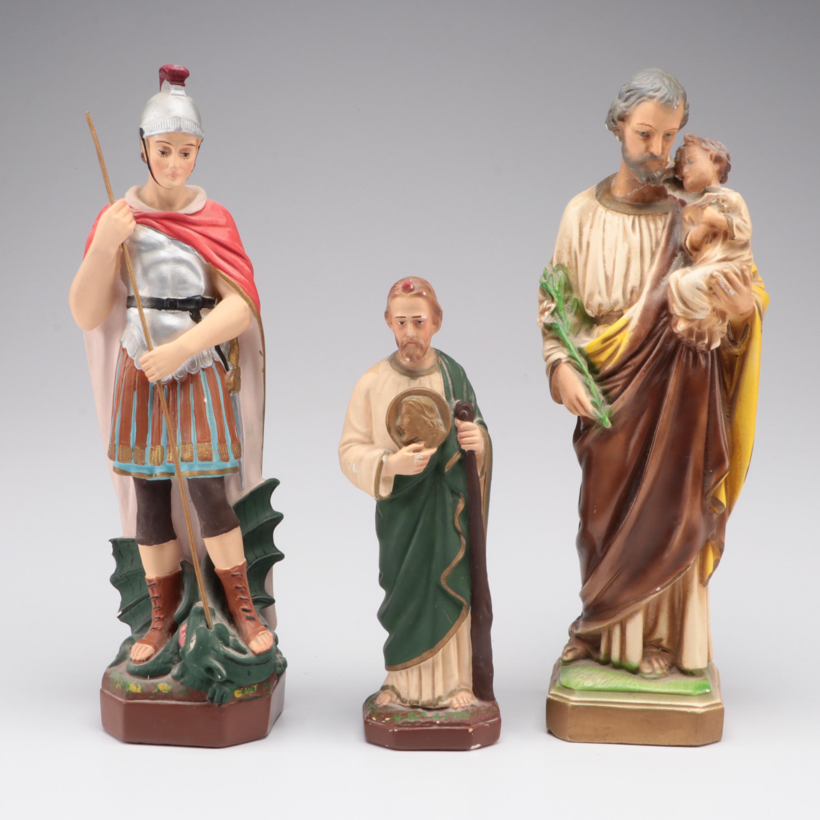 Painted Chalkware Our Lady of Grace with St. Joseph and Other Statues