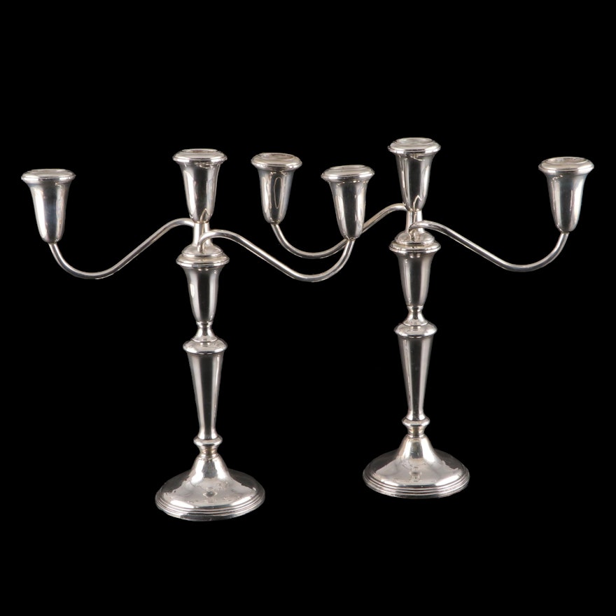 Pair of Empire Sterling Silver Candelabras