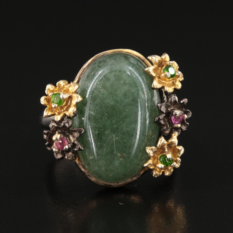 Sterling Aventurine, Garnet and Diopside Floral Ring