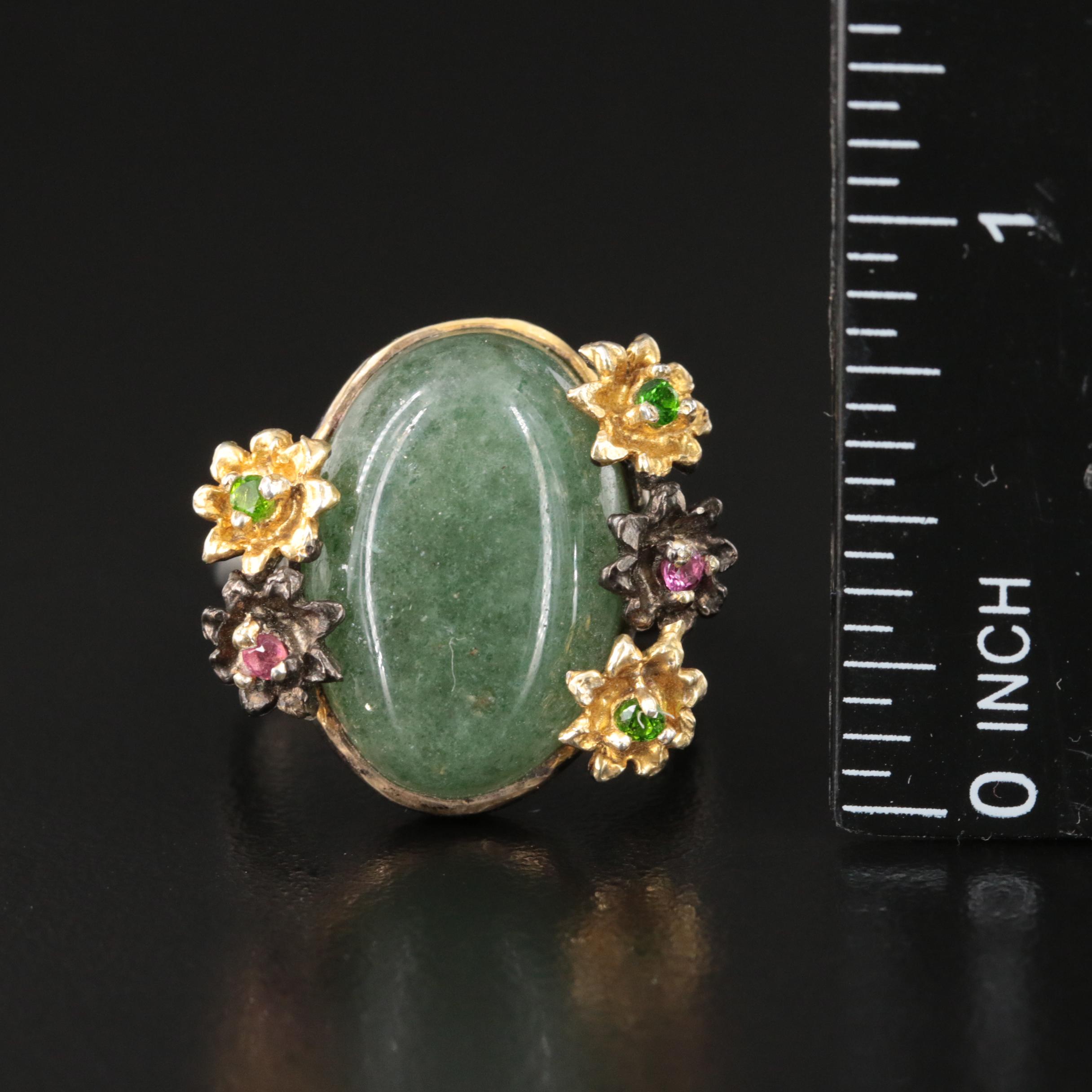 Sterling Aventurine, Garnet and Diopside Floral Ring