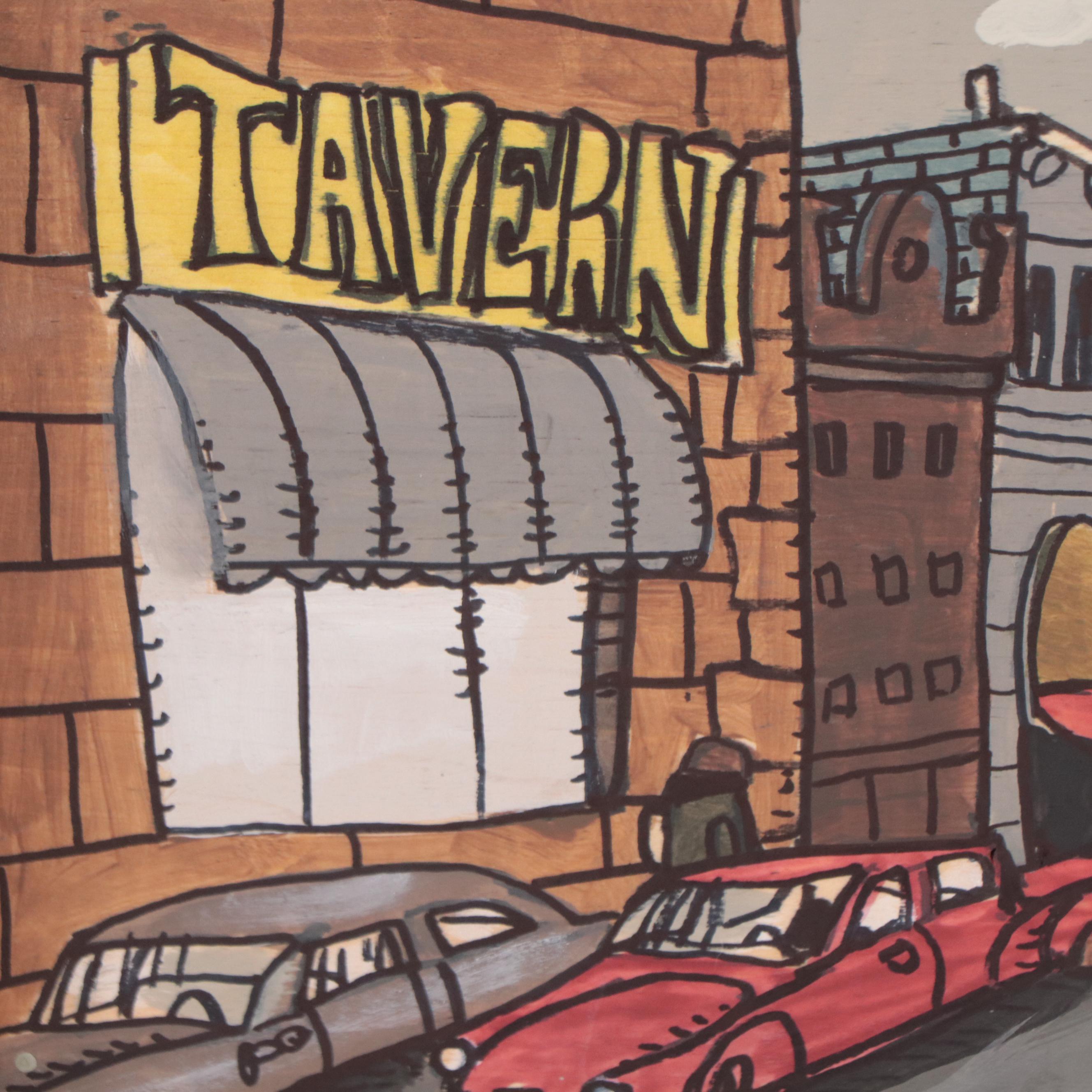 Aaron Wooten Acrylic and Ink Painting of Cityscape "Racine and Milwaukee," 2023