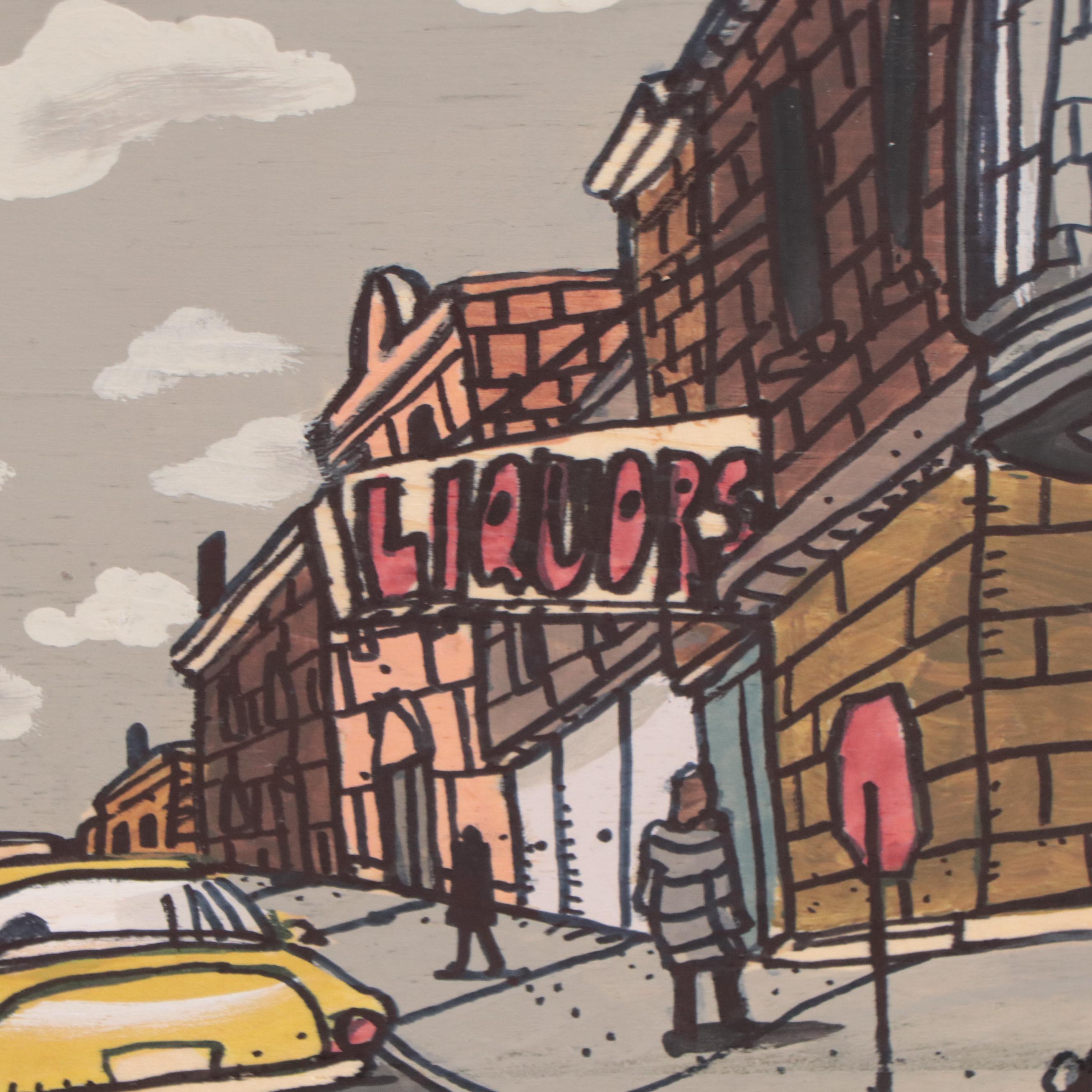 Aaron Wooten Acrylic and Ink Painting of Cityscape "Racine and Milwaukee," 2023